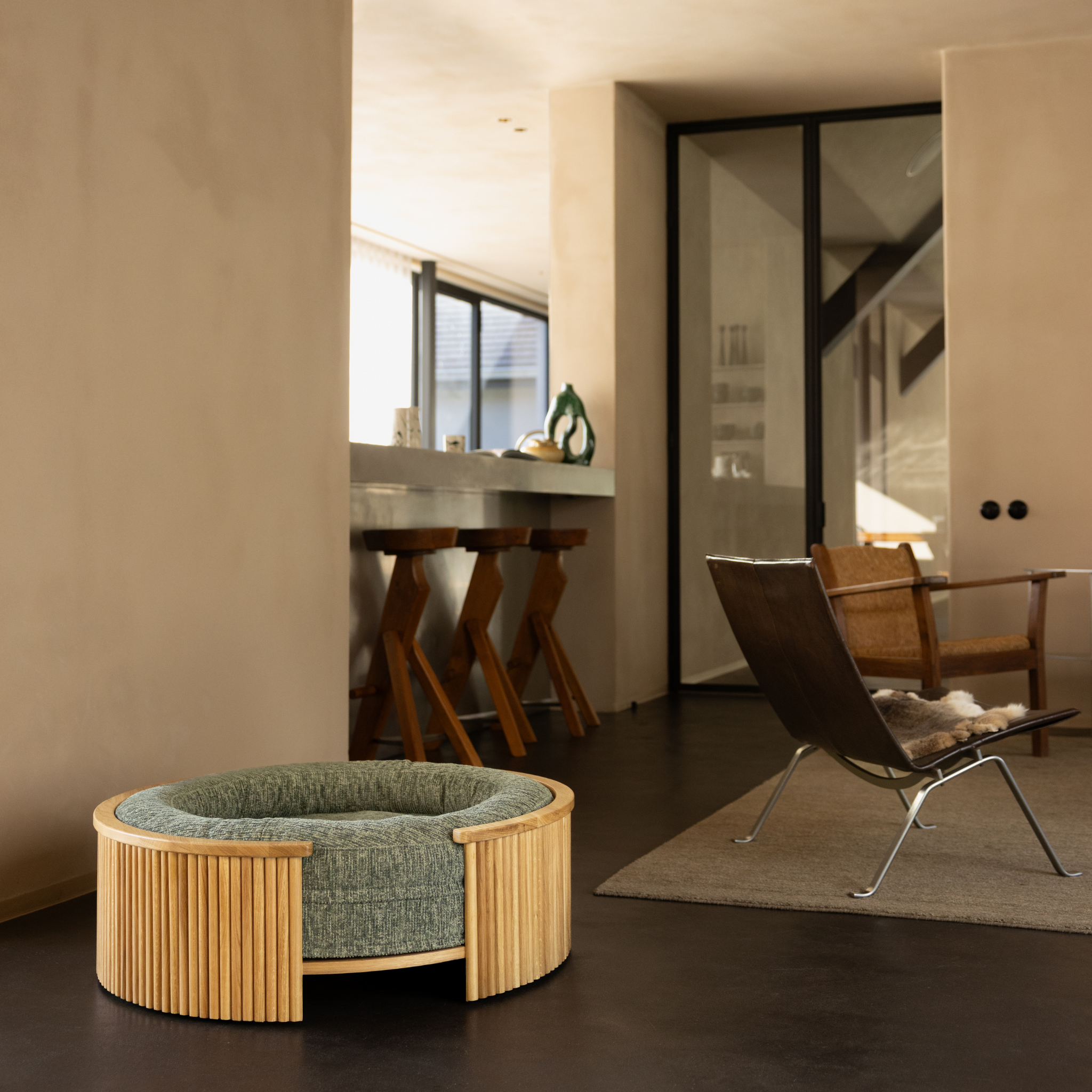 Swirl Elite Pouf Forest With Oak Frame – Orthopedic Dog & Cat Bed, Pet Furniture with Washable Cover