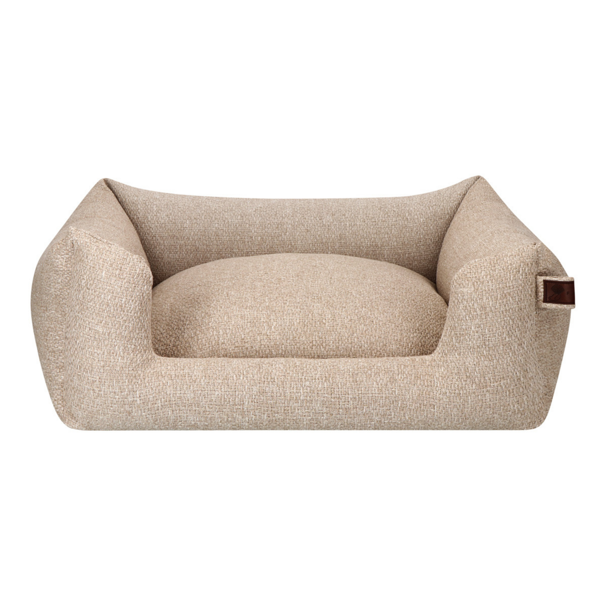 A low-profile rectangular dog bed with a high bolstered wall and a plush cushioned seat, upholstered in a textured beige fabric, shown against a plain white background.