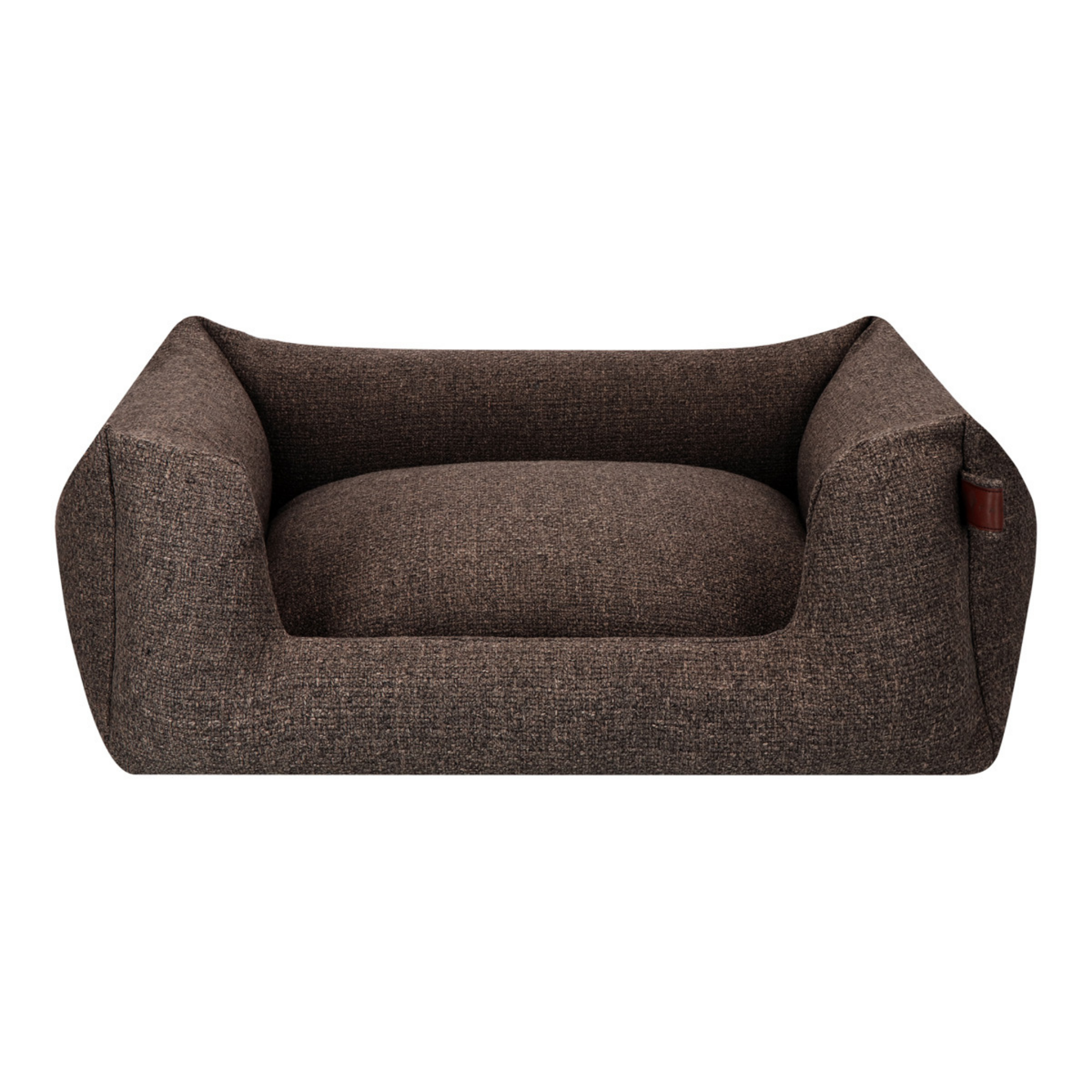 A low-profile rectangular pet bed with a high bolstered wall and a plush cushion, upholstered in a textured dark brown fabric, shown against a plain white background.