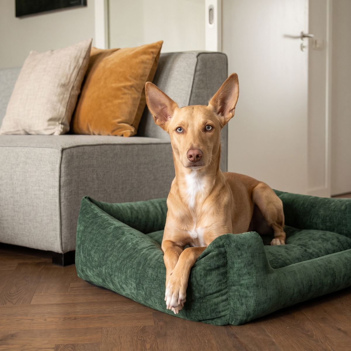 A tan dog with a white chest lies on a plush green dog bed in a living room with a gray sofa and wooden floor.
