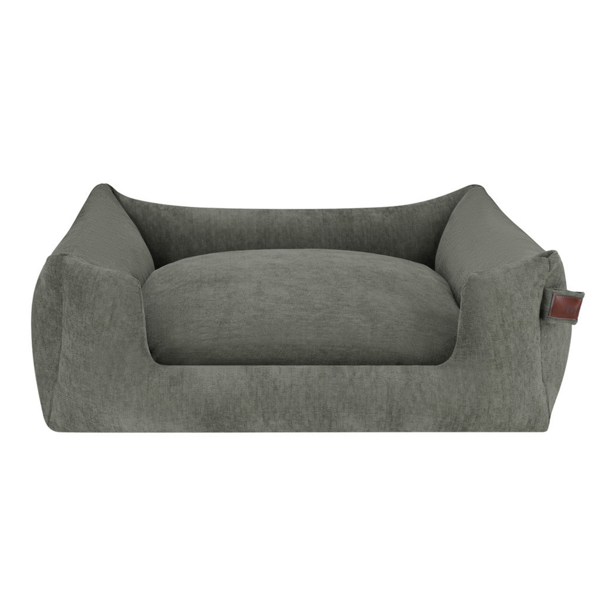 A plush, high-cushioned pet bed in a textured gray fabric, shown from a front-facing perspective against a solid white background.