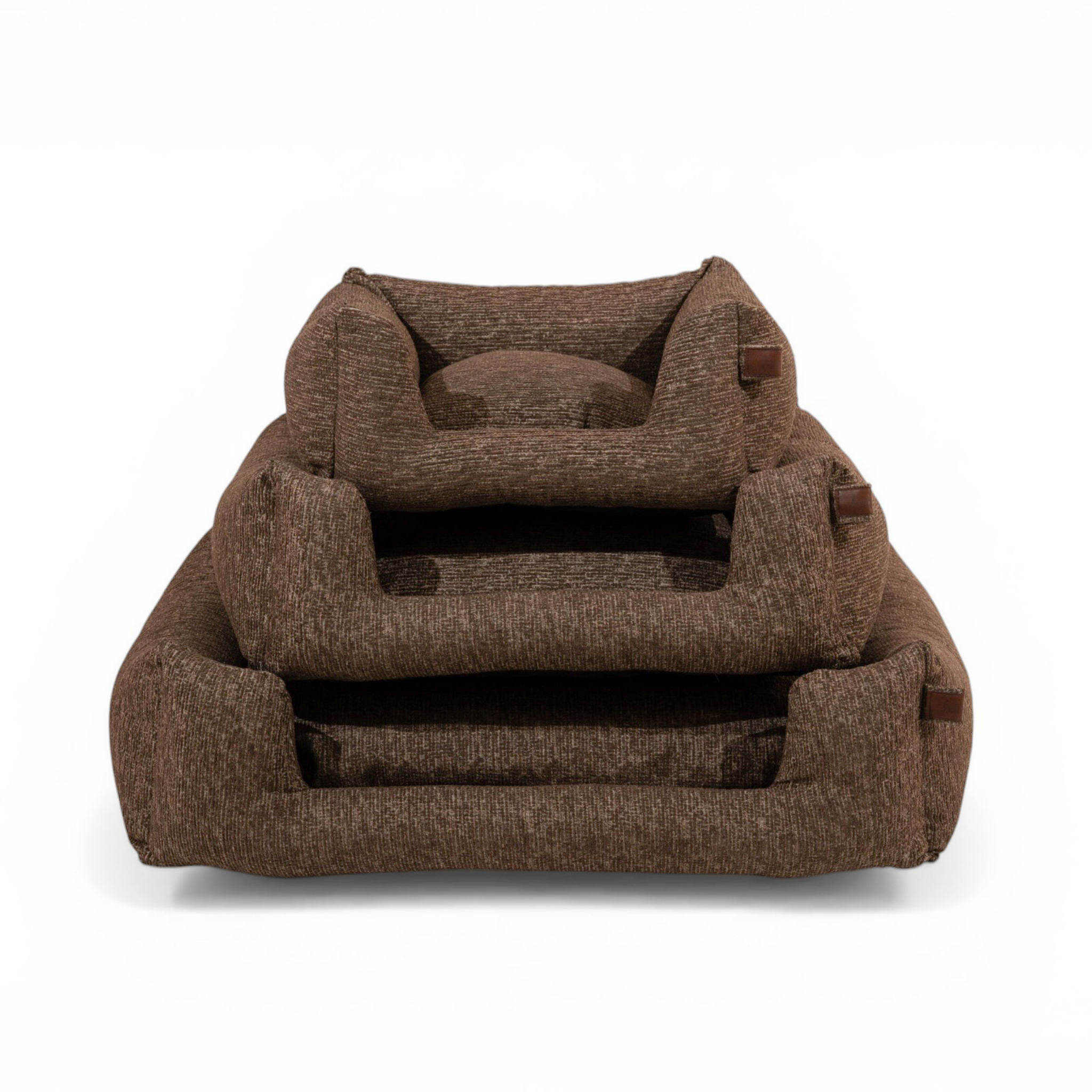A three-tiered pet bed set made of textured brown fabric, shown on a clean white background.