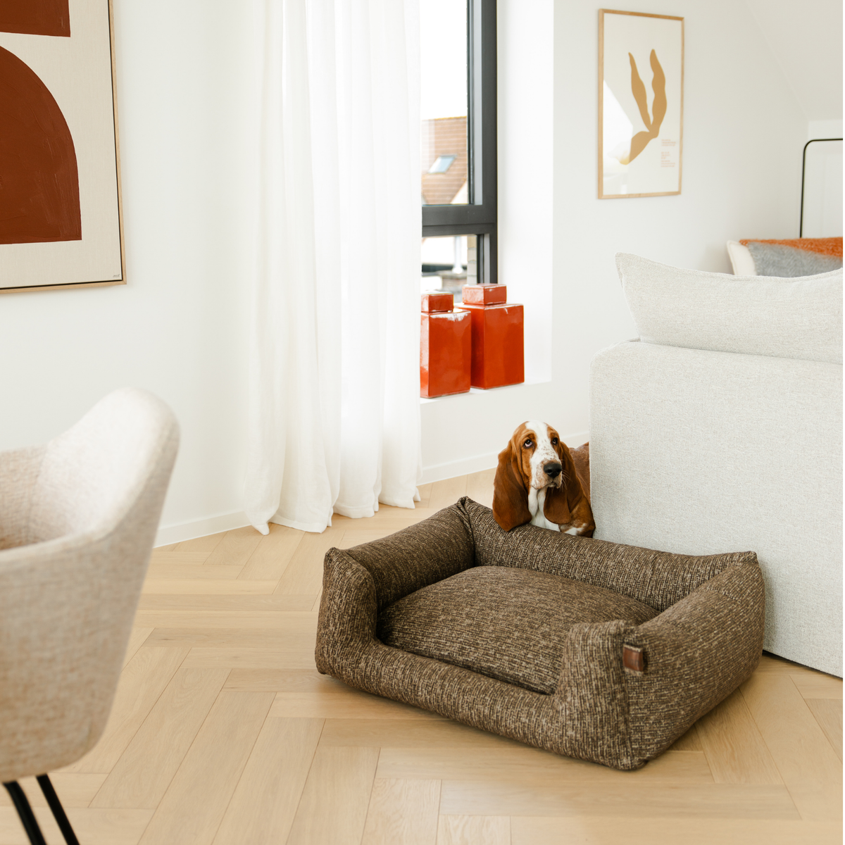 A brown textured pet bed with a cushioned interior sits on a light wood floor in a bright, modern living room. A brown and white basset hound is lying behind the bed, looking up.