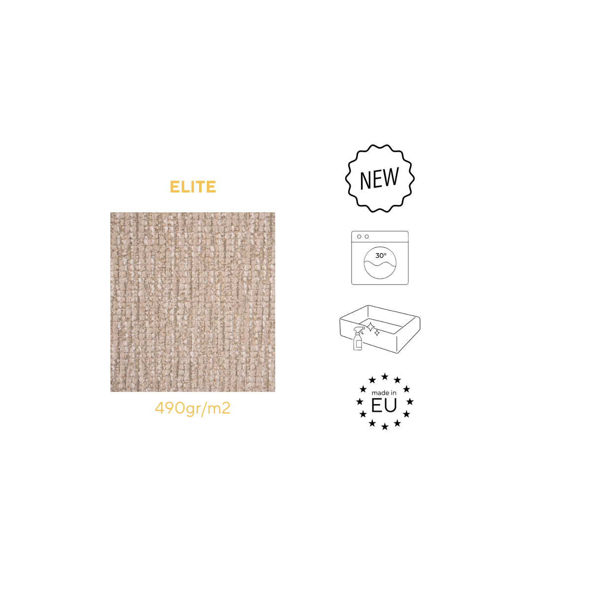 A product information graphic on a white background showing a square beige woven rug or fabric sample labeled 'ELITE' and '490gr/m2', alongside small icons for 'NEW', 30° washable, stain resistent and made in Eu