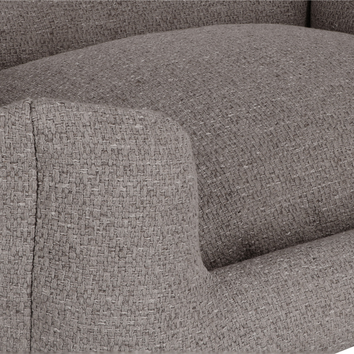 Close-up of a textured gray woven fabric upholstery, showing the seat cushion and armrest with a detailed weave pattern.
