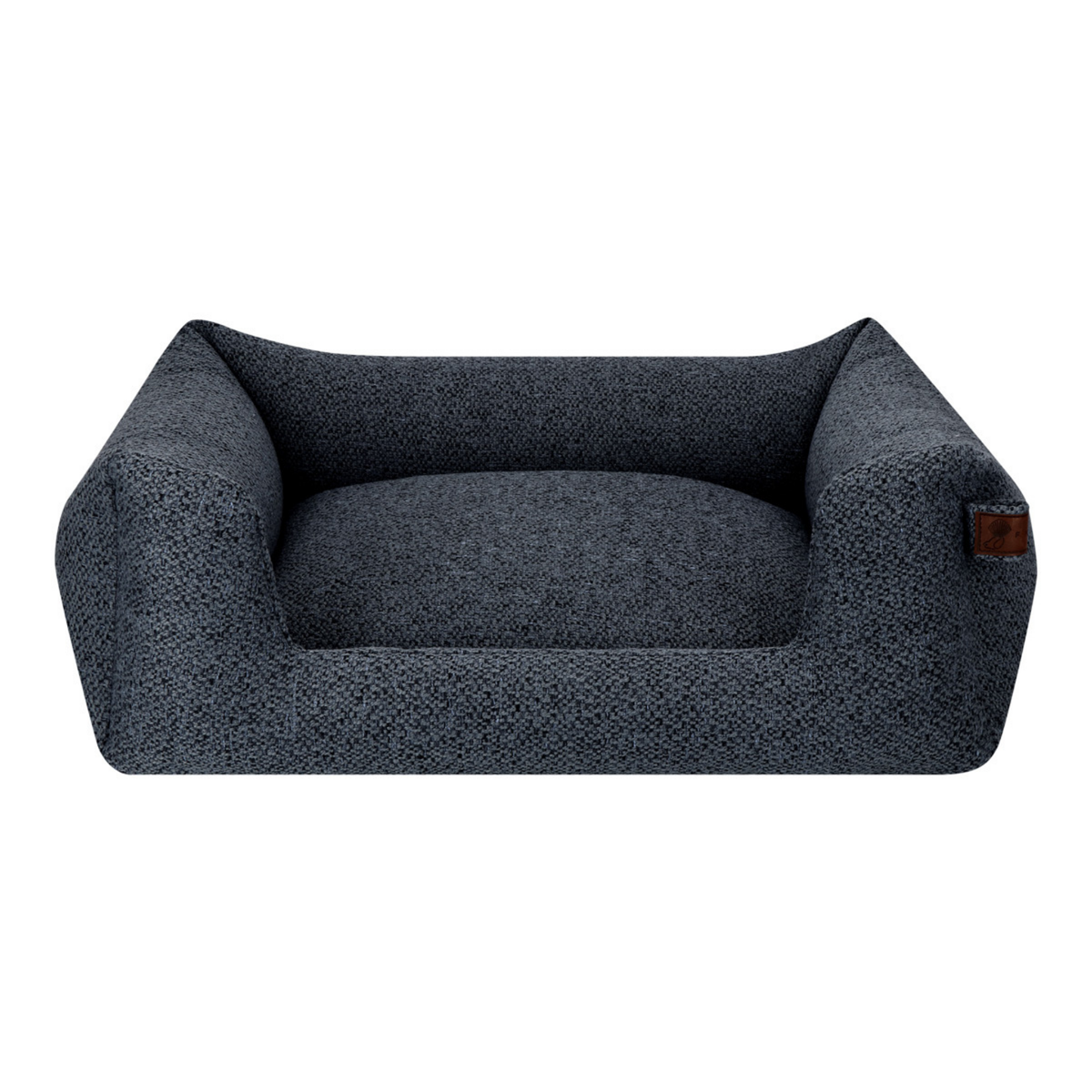 A darkblue textured pet bed with a raised cushioned wall and a small brown leather brand tag on the right side, shown against a plain white background.