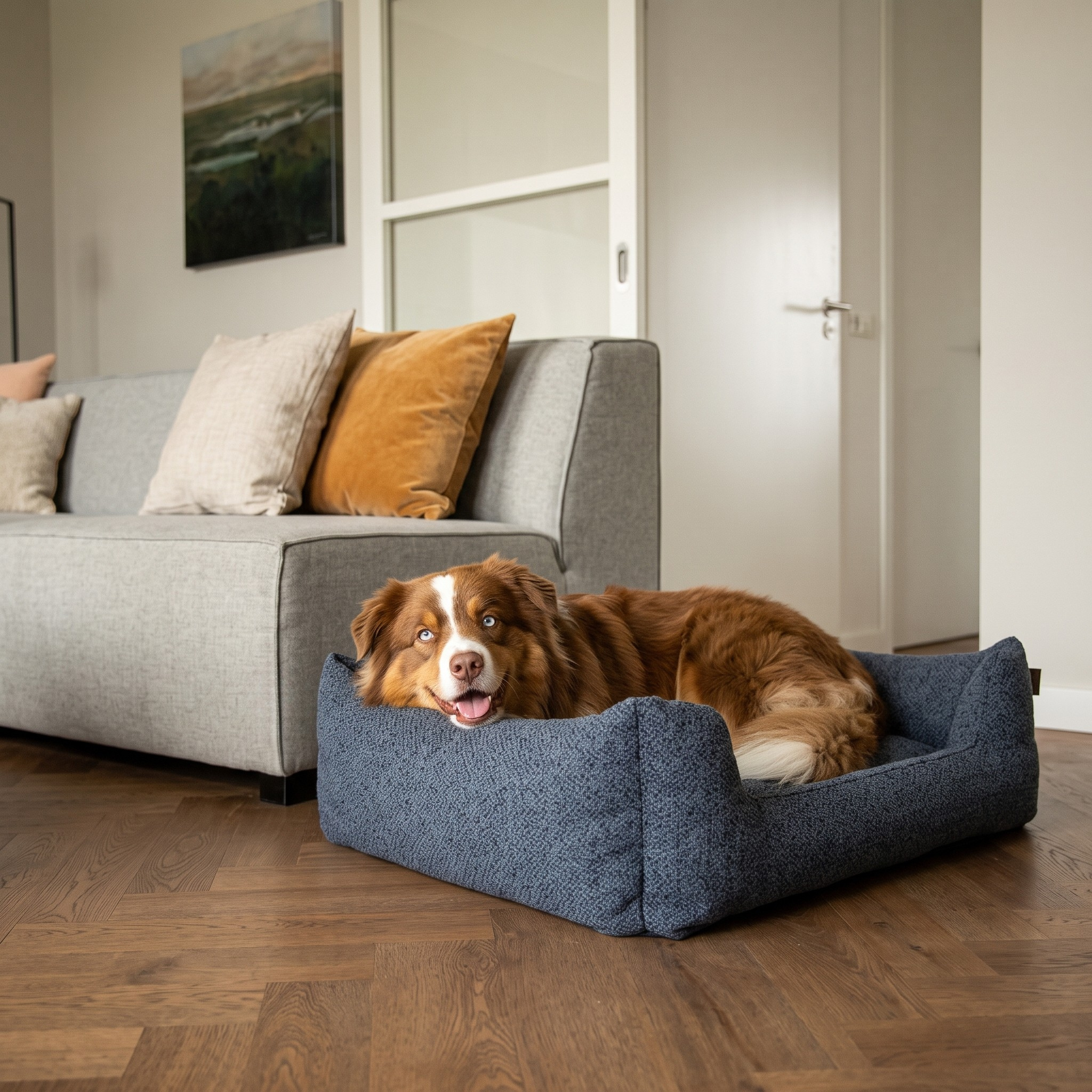 A brown and white dog lies comfortably inside a dark blue textured dog bed on a wooden floor, with a modern gray sofa in the background.