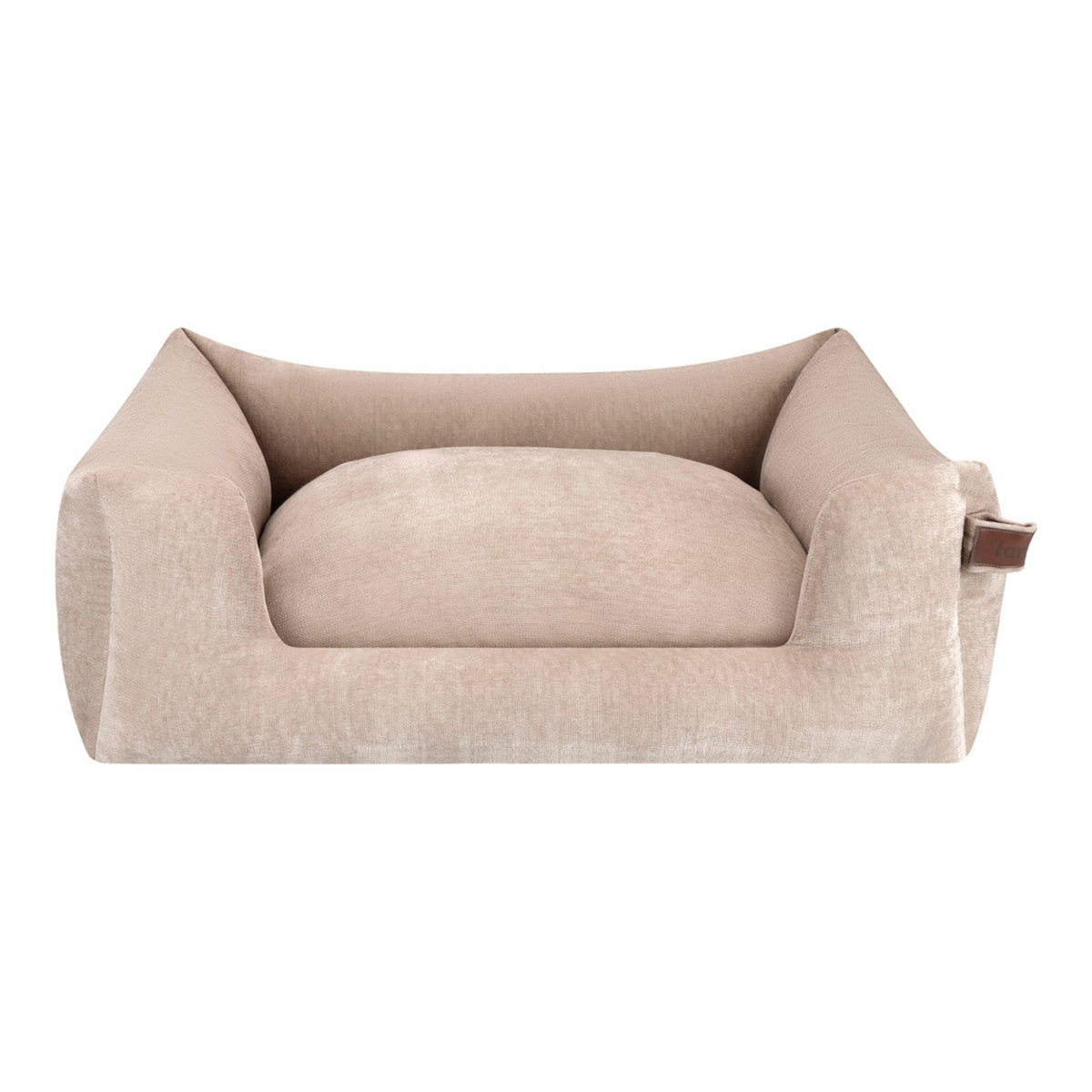 A plush, high-cushioned pet bed in a textured beige fabric, featuring a raised bolstered wall and a matching round cushion, shown against a plain white background.