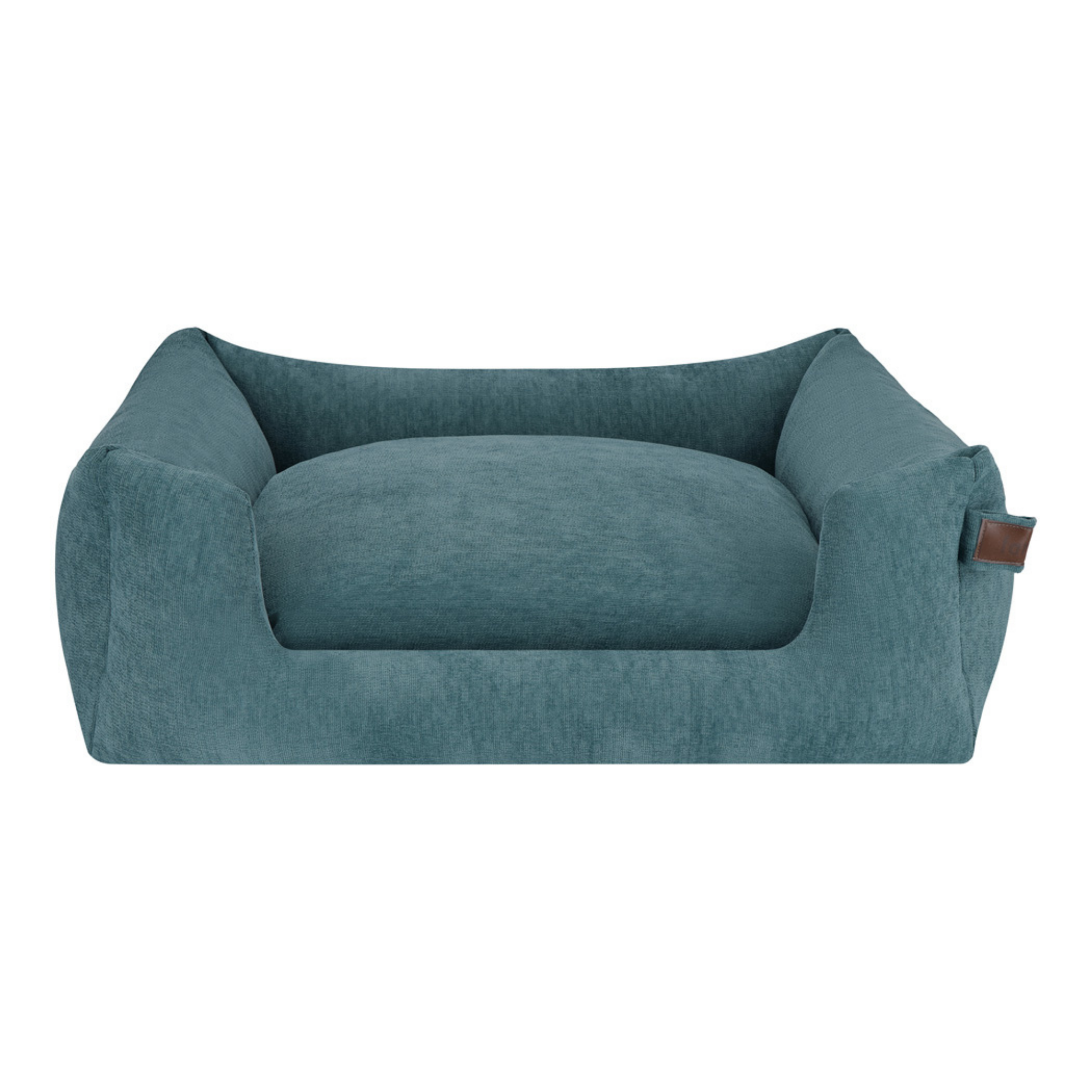 A plush, high-cushioned pet bed in a textured teal blue fabric, shown from a front-facing perspective against a solid white background.
