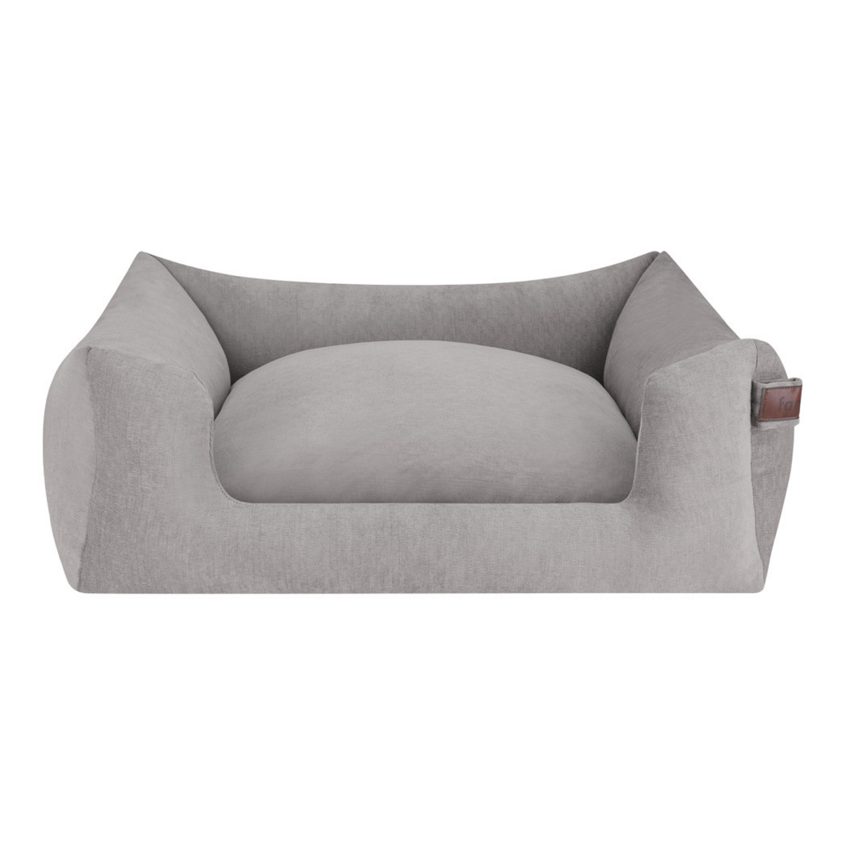 A light gray fabric pet bed with a high bolstered wall and a matching cushioned floor pad, shown against a plain white background.