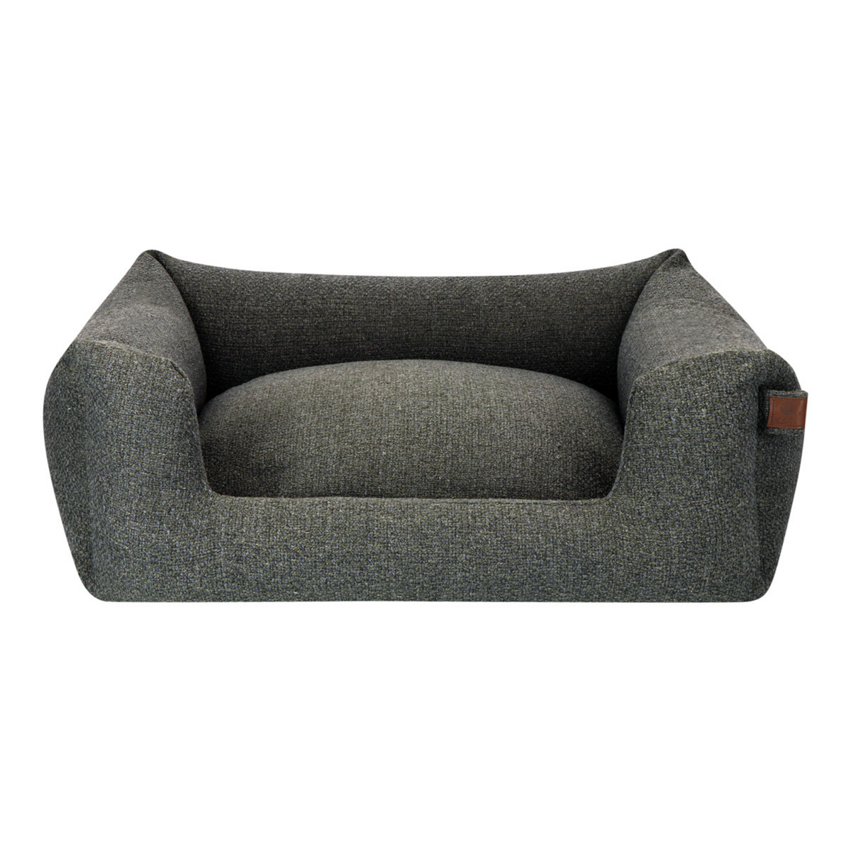 A dark gray textured fabric pet bed with a raised armchair-style design and a small brown leather brand tag on the right side, shown against a plain white background.