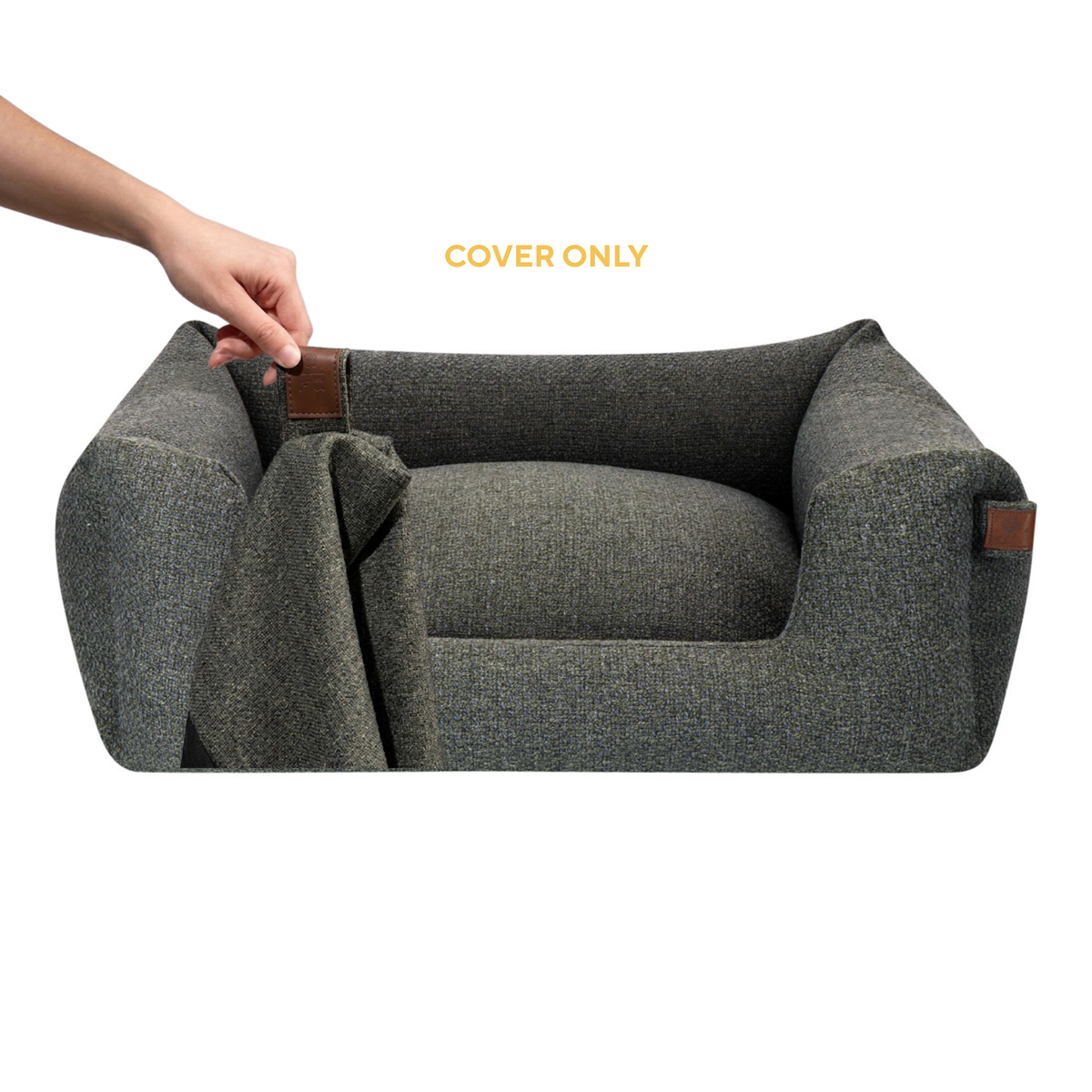 A seaweed green textured pet bed with a high armchair-style back and a removable cover, shown on a white background with a hand lifting the cover. Yellow text above reads 'COVER ONLY'.#color_seaweed-green