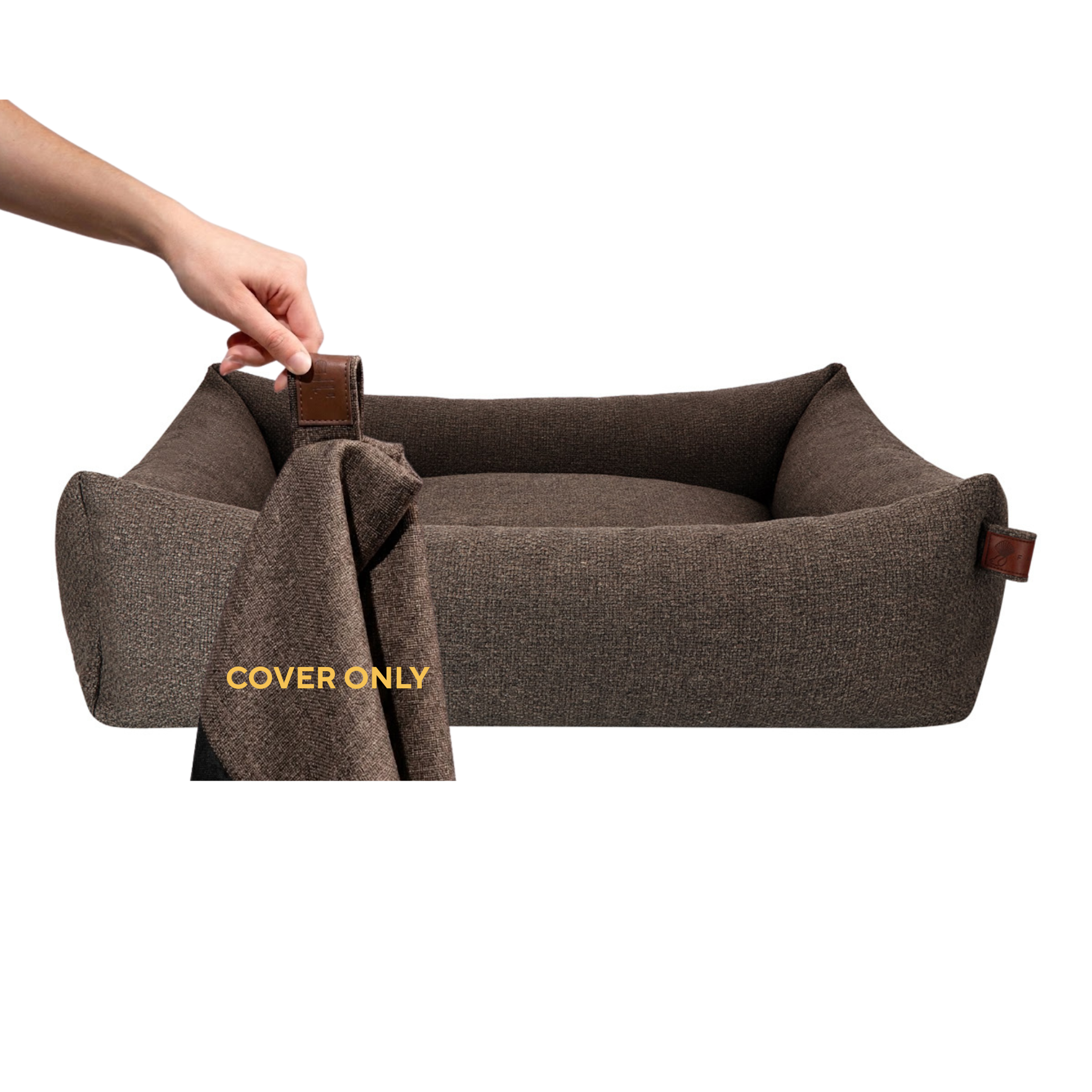 A hand lifting the removable cover off the Snug dog bed in Deep Taupe, labelled Cover only