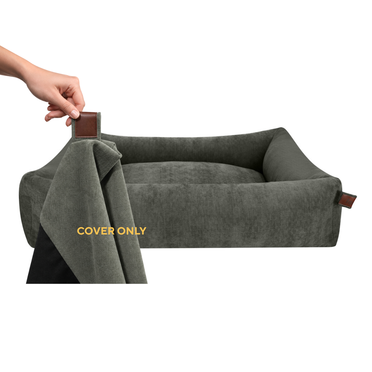 A hand lifting the removable cover off the Snug dog bed in Emerald Green, labelled Cover only