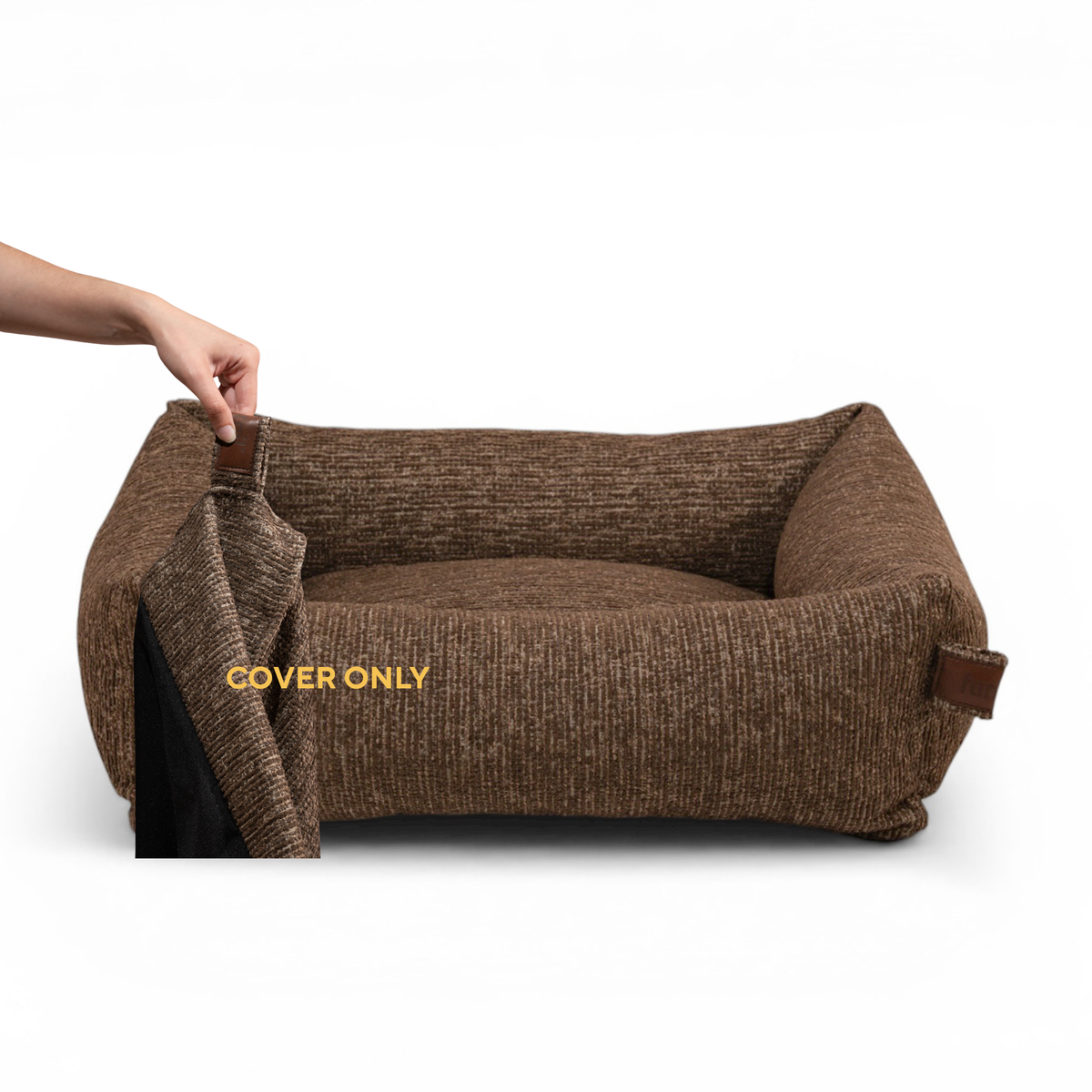 A hand lifting the removable cover off the Snug dog bed in Espresso Brown, labelled Cover only