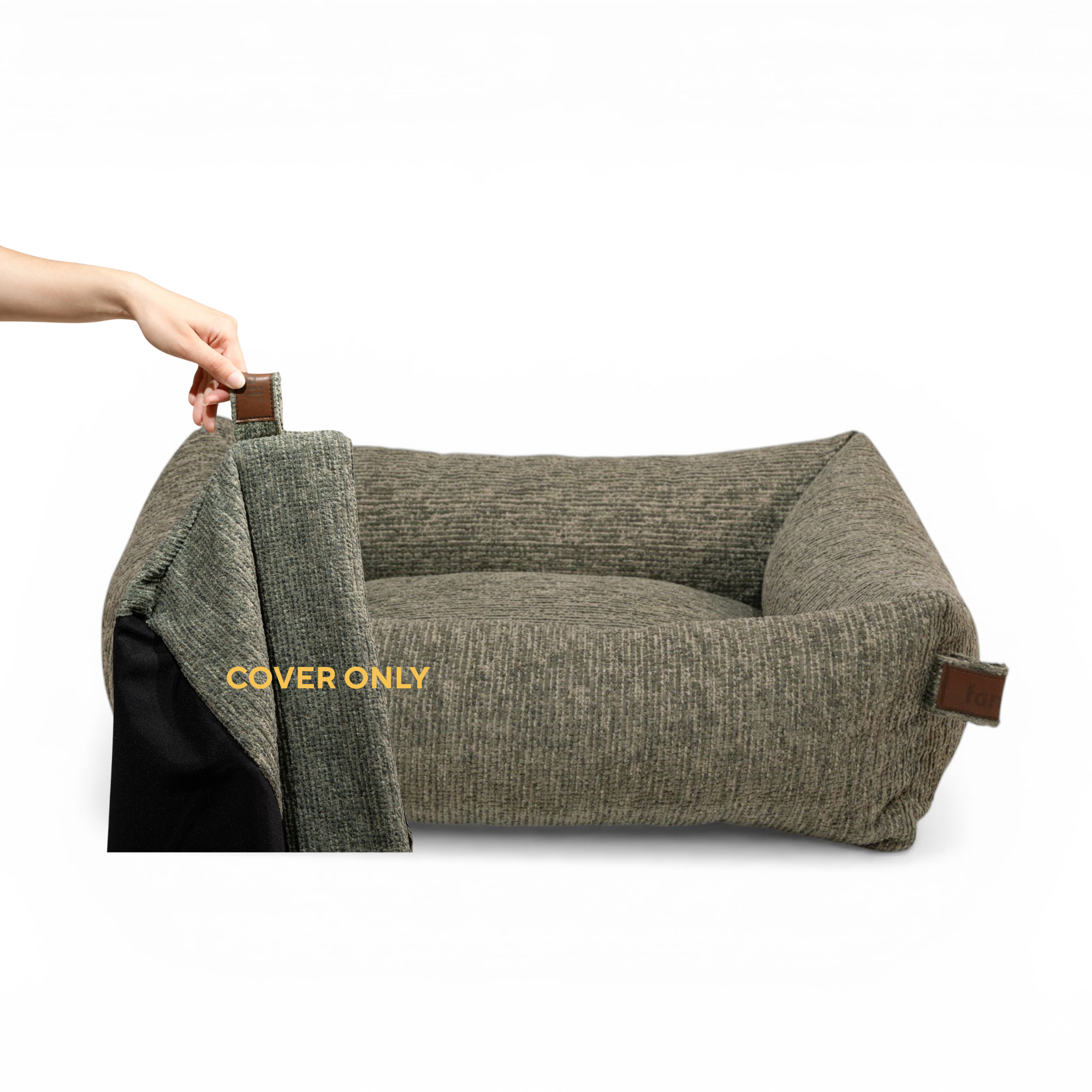 A hand lifting the removable cover off the Snug dog bed in Forest Green, labelled Cover only