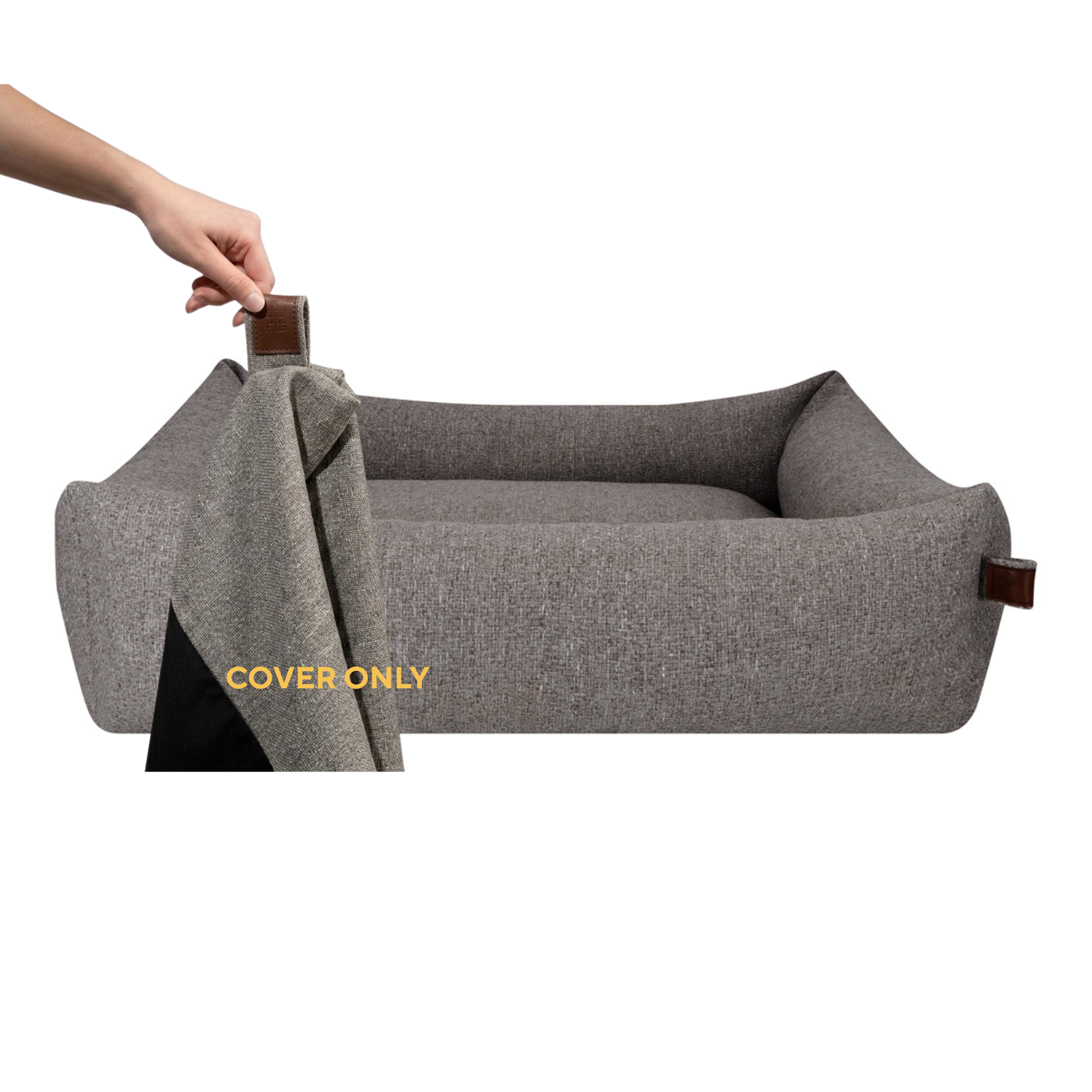 A hand lifting the removable cover off the Snug dog bed in Harbor Grey, labelled Cover only