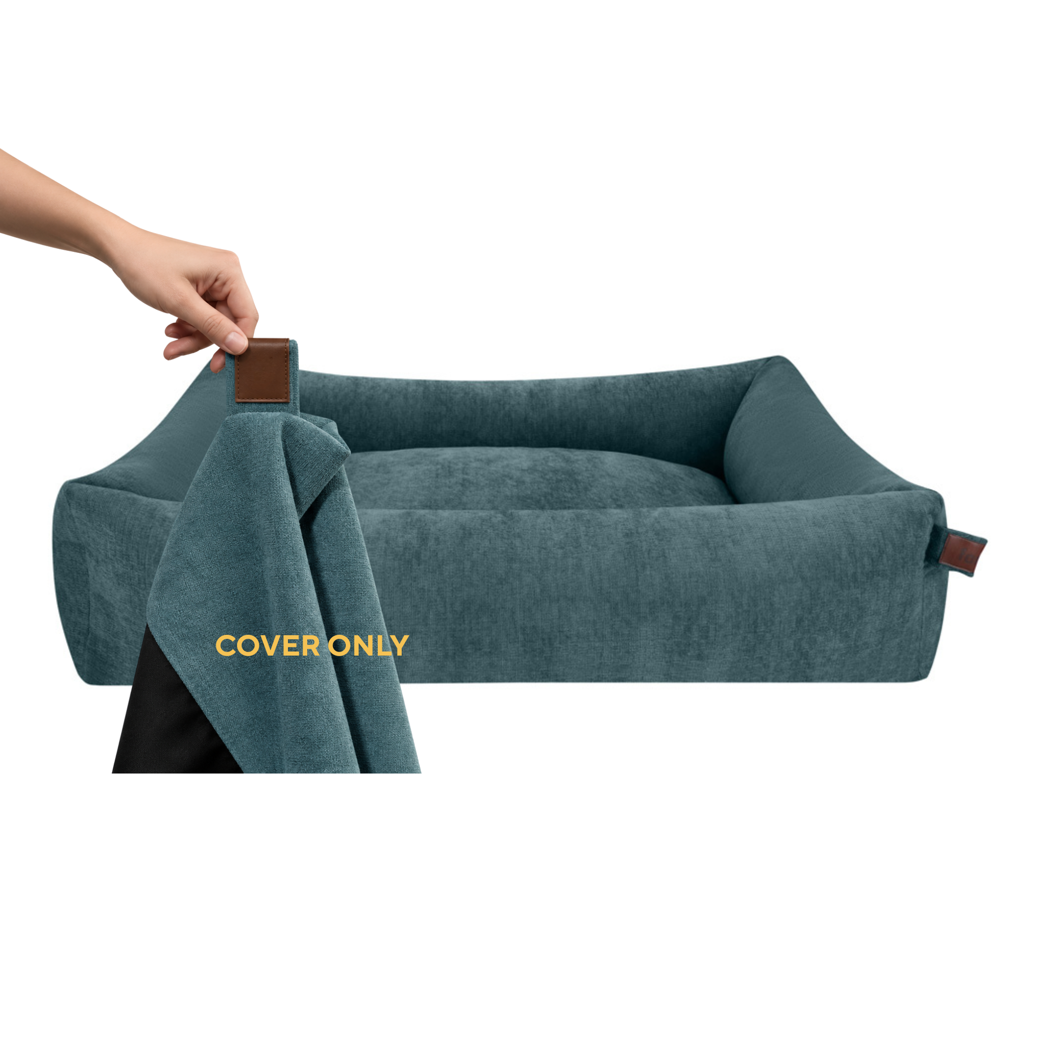 A hand lifting the removable cover off the Snug dog bed in Peacock Blue, labelled Cover only