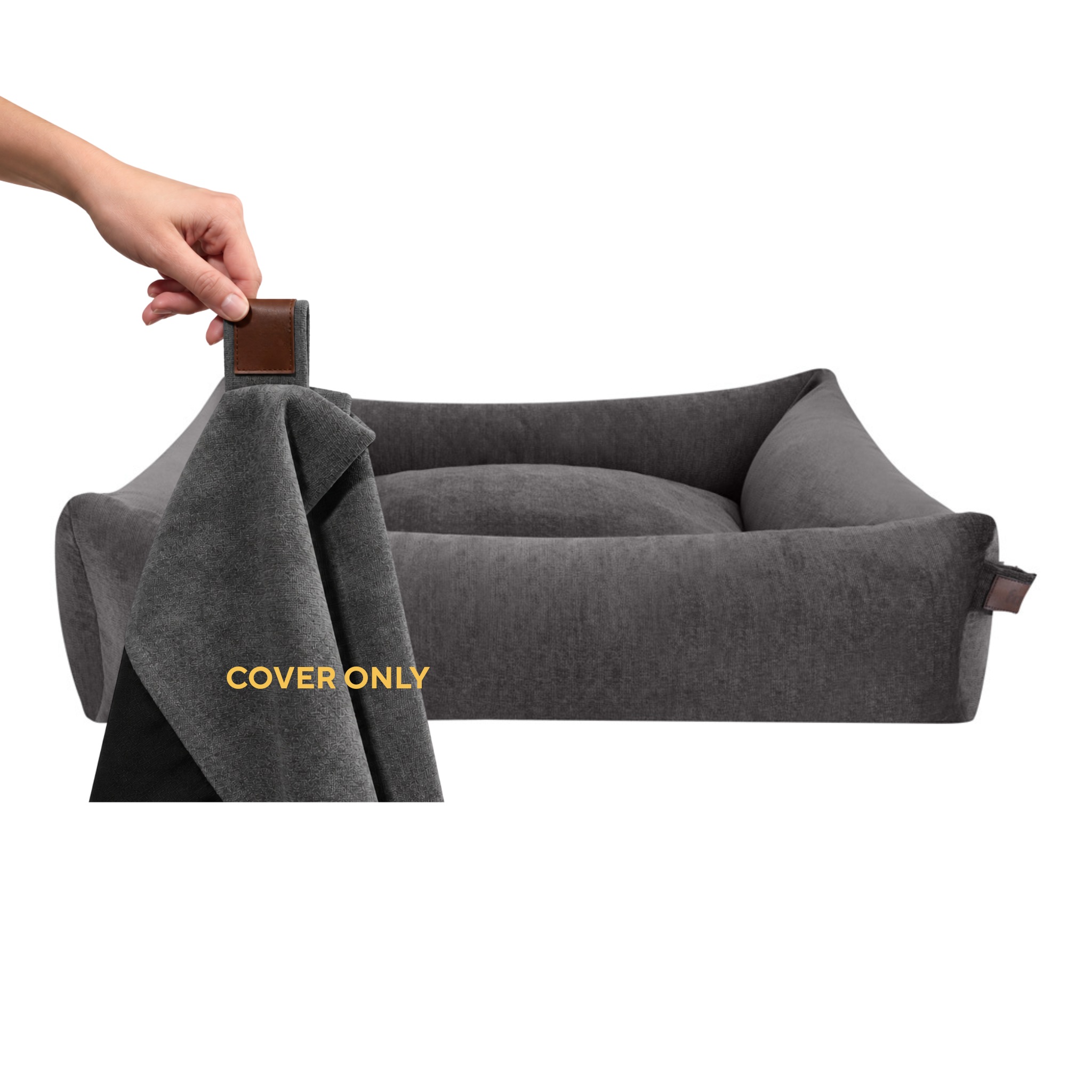 A hand lifting the removable cover off the Snug dog bed in Smoke Grey, labelled Cover only