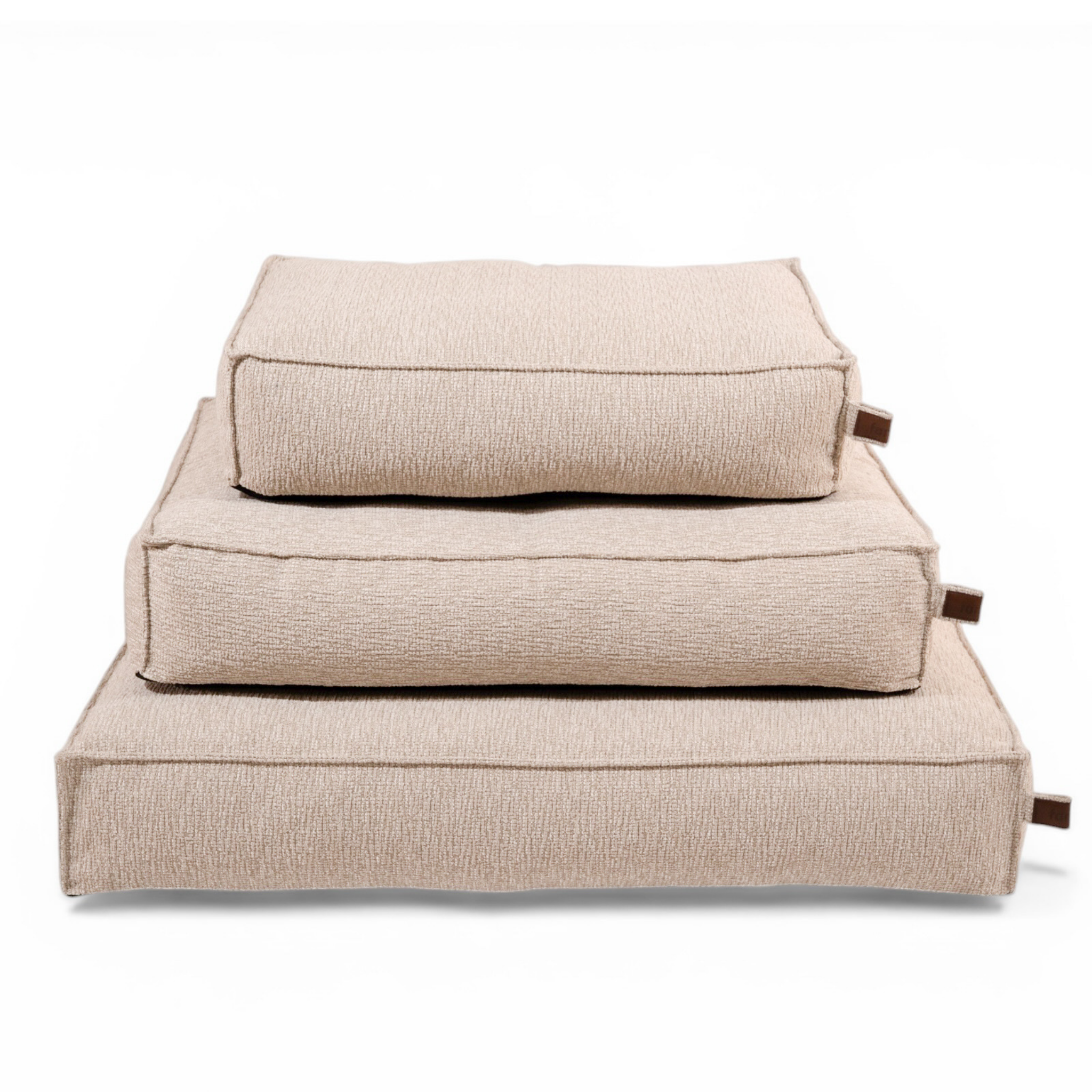 The Stargaze dog mattress in Clay Beige in all three sizes, stacked