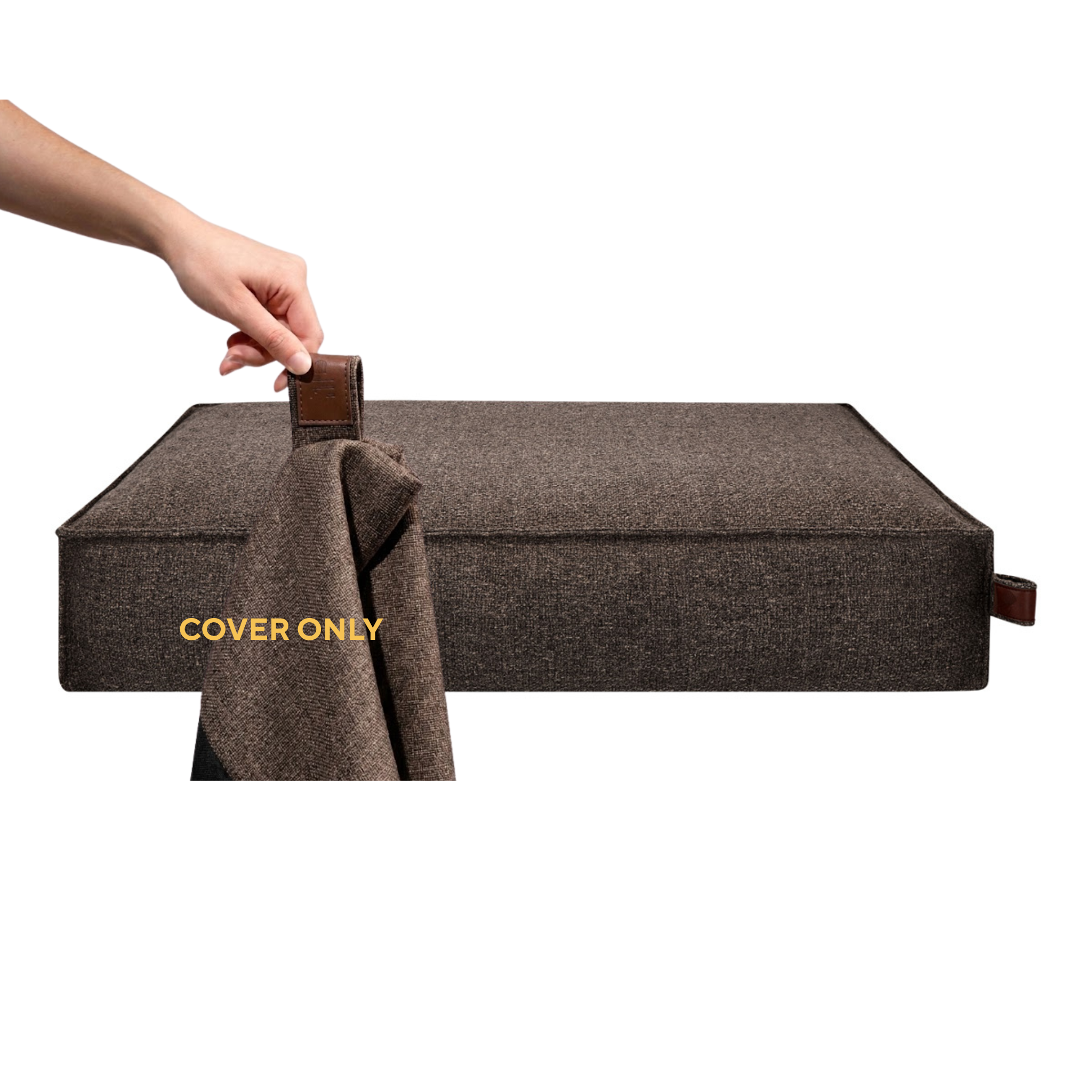 A hand lifting the removable cover off the Stargaze dog mattress in Deep Taupe, labelled Cover only