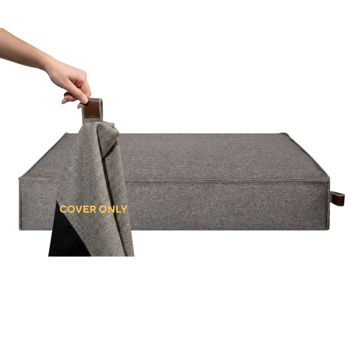 A hand lifting the removable cover off the Stargaze dog mattress in Harbor Grey, labelled Cover only