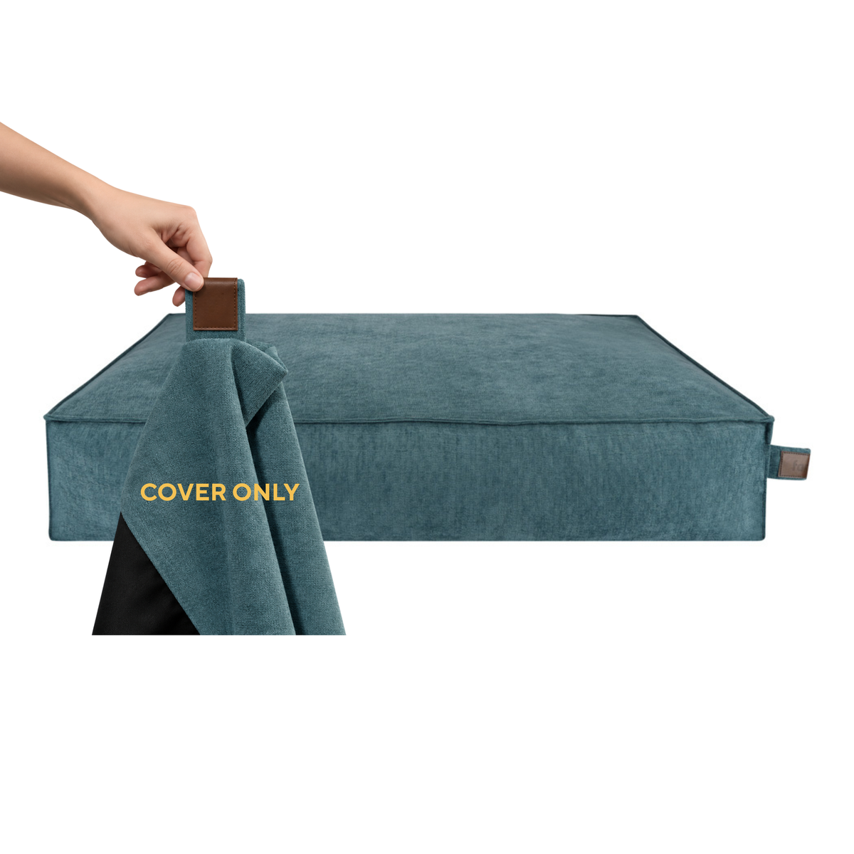 A hand lifting the removable cover off the Stargaze dog mattress in Peacock Blue, labelled Cover only