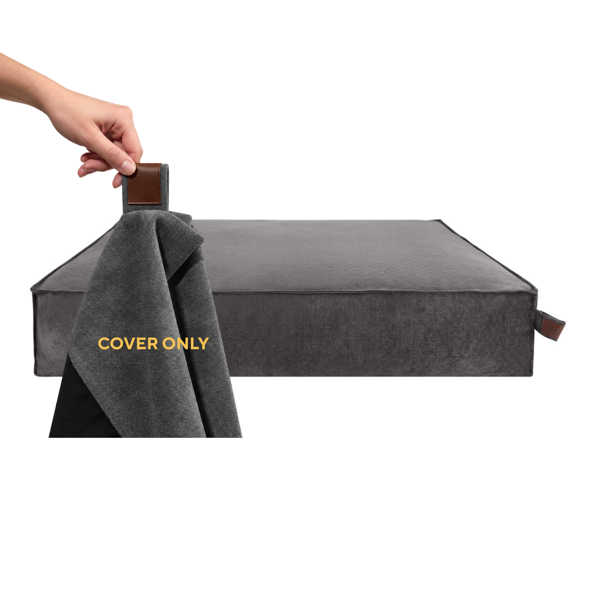 A hand lifting the removable cover off the Stargaze dog mattress in Smoke Grey, labelled Cover only