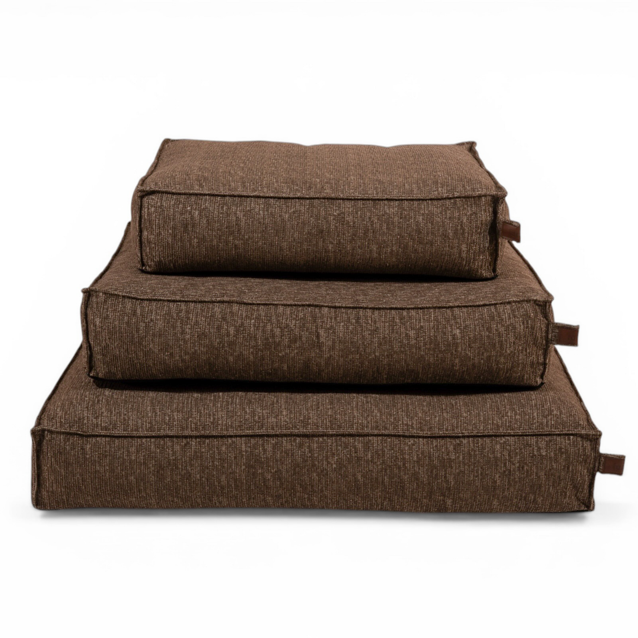 The Stargaze dog mattress in Espresso Brown in all three sizes, stacked