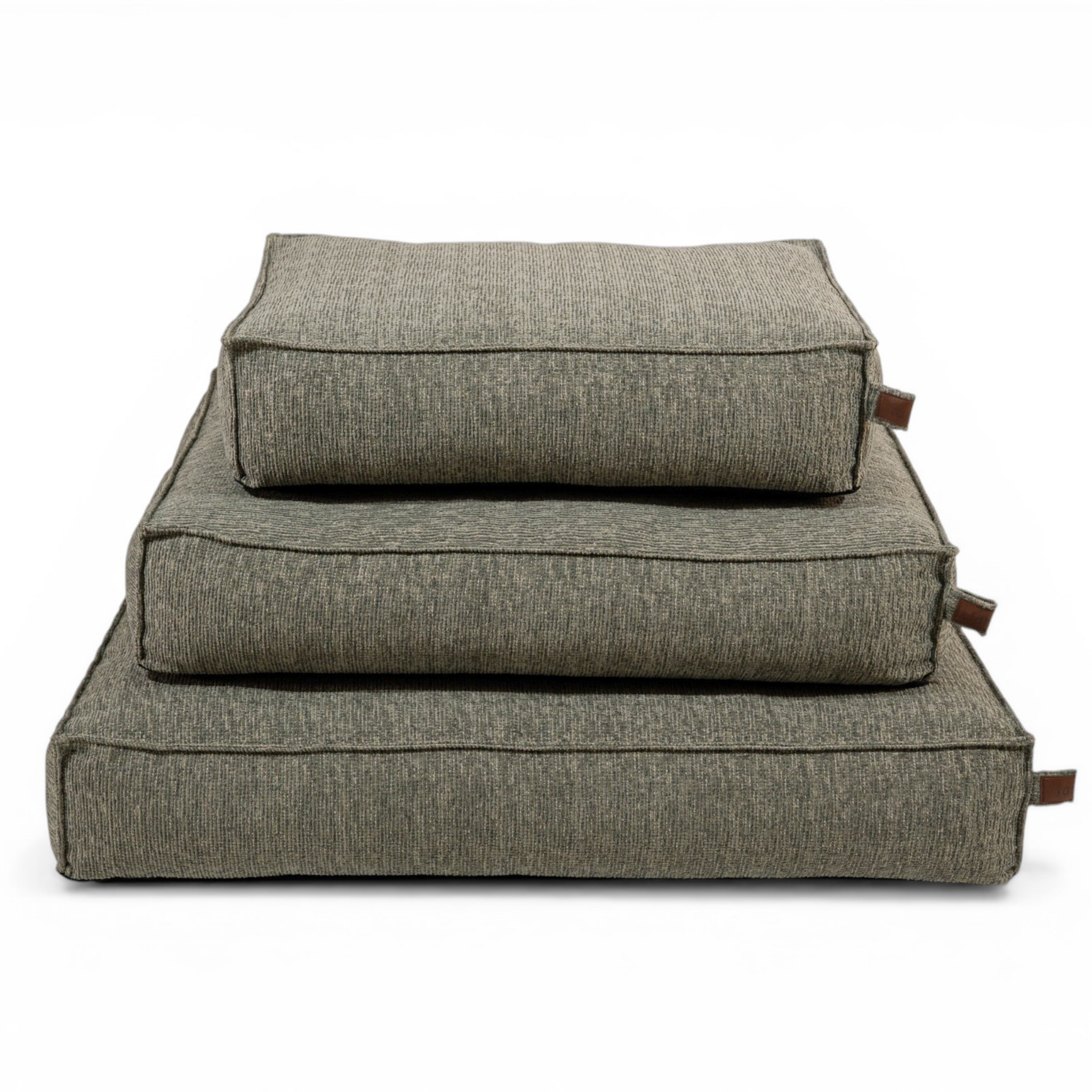 The Stargaze dog mattress in Forest Green in all three sizes, stacked