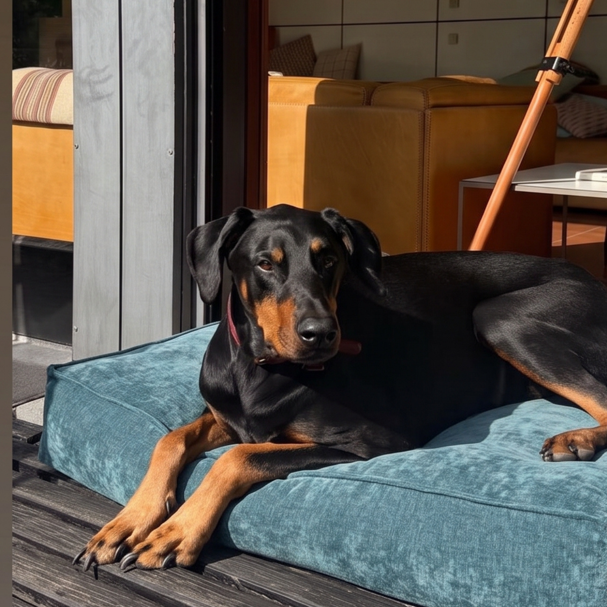 A Dobermann lying on the Peacock Blue Stargaze dog mattress on a terrace