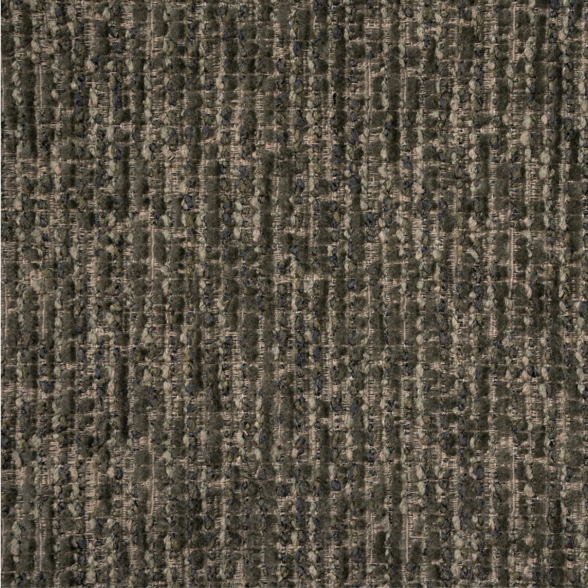 A close-up of a woven fabric texture with a vertical ribbed pattern in dark olive green, brown, and beige tones.