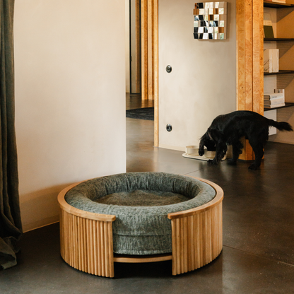 Swirl Elite Pouf Forest With Oak Frame – Orthopedic Dog & Cat Bed, Pet Furniture with Washable Cover