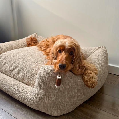 A golden retriever dog lies relaxed on a textured beige fabric dog bed with a small bone-shaped chew hanging from the front edge, set on a dark wood floor against a light wall.