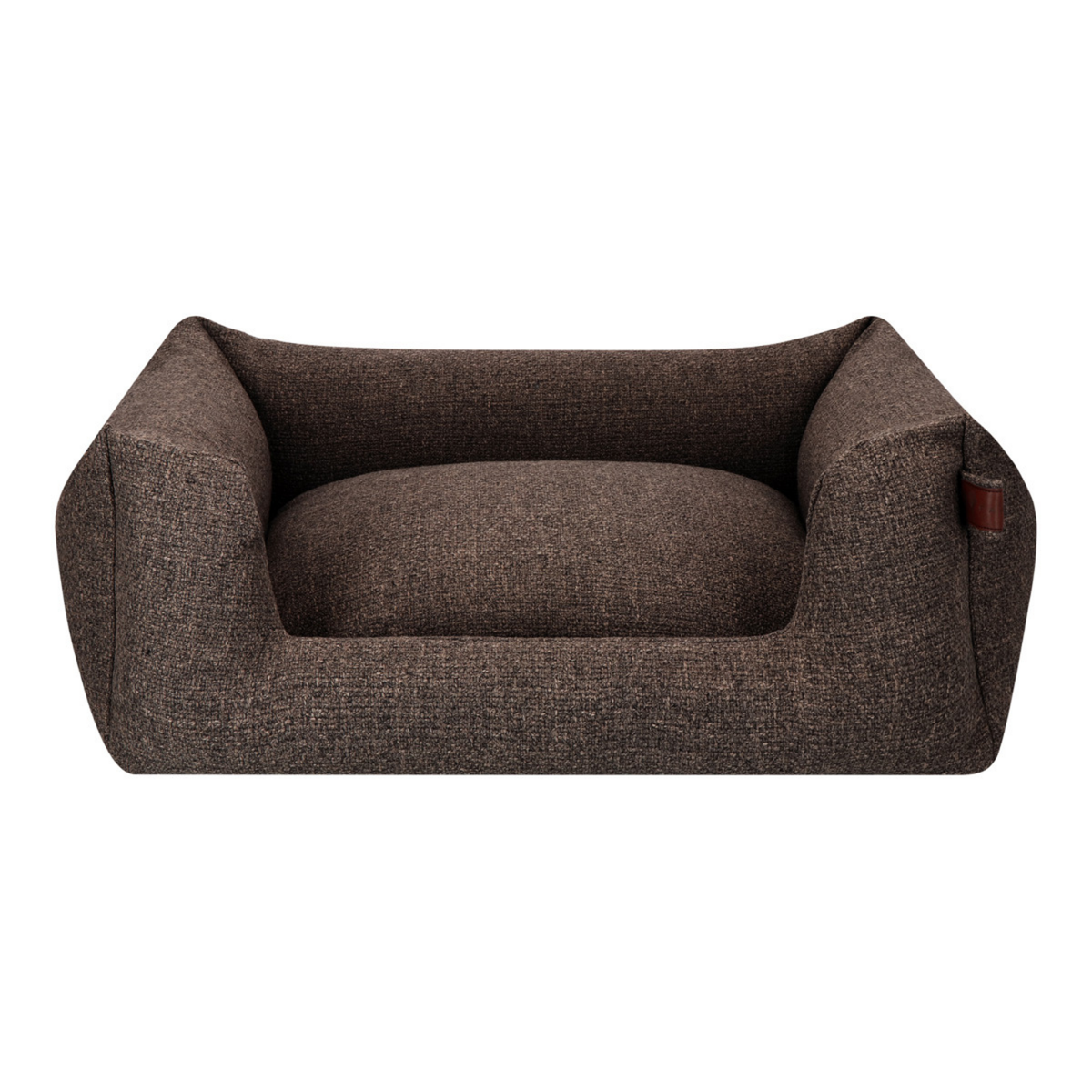 A low-profile rectangular pet bed with a high bolstered wall and a plush cushion, upholstered in a textured dark brown fabric, shown against a plain white background.