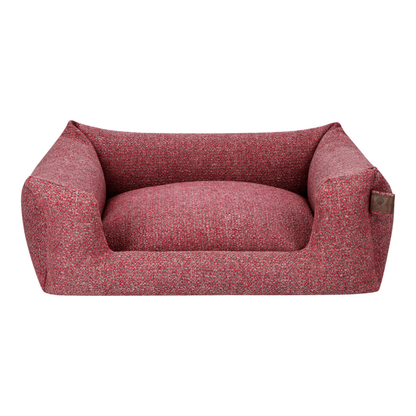 A low-profile rectangular pet bed with a raised armchair-style back and a plush cushion in a textured heathered red fabric, shown against a plain white background.
