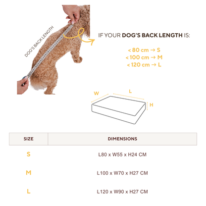 Size guide for the Stargaze dog mattress: measure your dog's back length - under 80 cm is size S, under 100 cm is M, under 120 cm is L - with the dimensions of each size