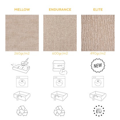 Comparison of the three Stargaze fabrics: Mellow at 260 gr/m2, Endurance at 600 gr/m2 and Elite at 490 gr/m2, with washing, removable cover and recycling details