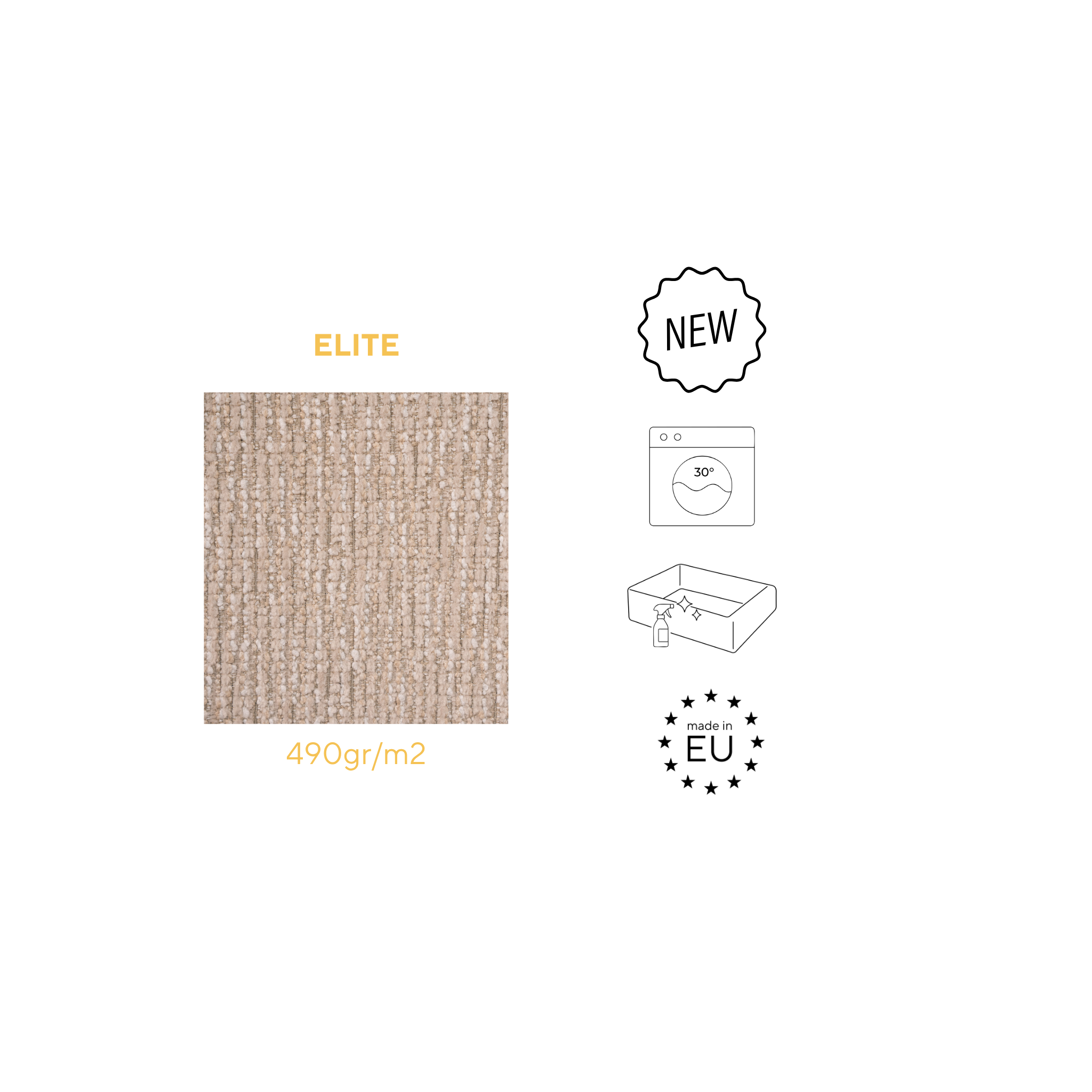 A product information graphic on a white background showing a square beige woven rug or fabric sample labeled 'ELITE' and '490gr/m2', alongside small icons for 'NEW', 30° washable, stain resistent and made in Eu