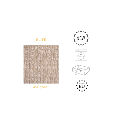 A product information graphic on a white background showing a square beige woven rug or fabric sample labeled 'ELITE' and '490gr/m2', alongside small icons for 'NEW', 30° washable, stain resistent and made in Eu