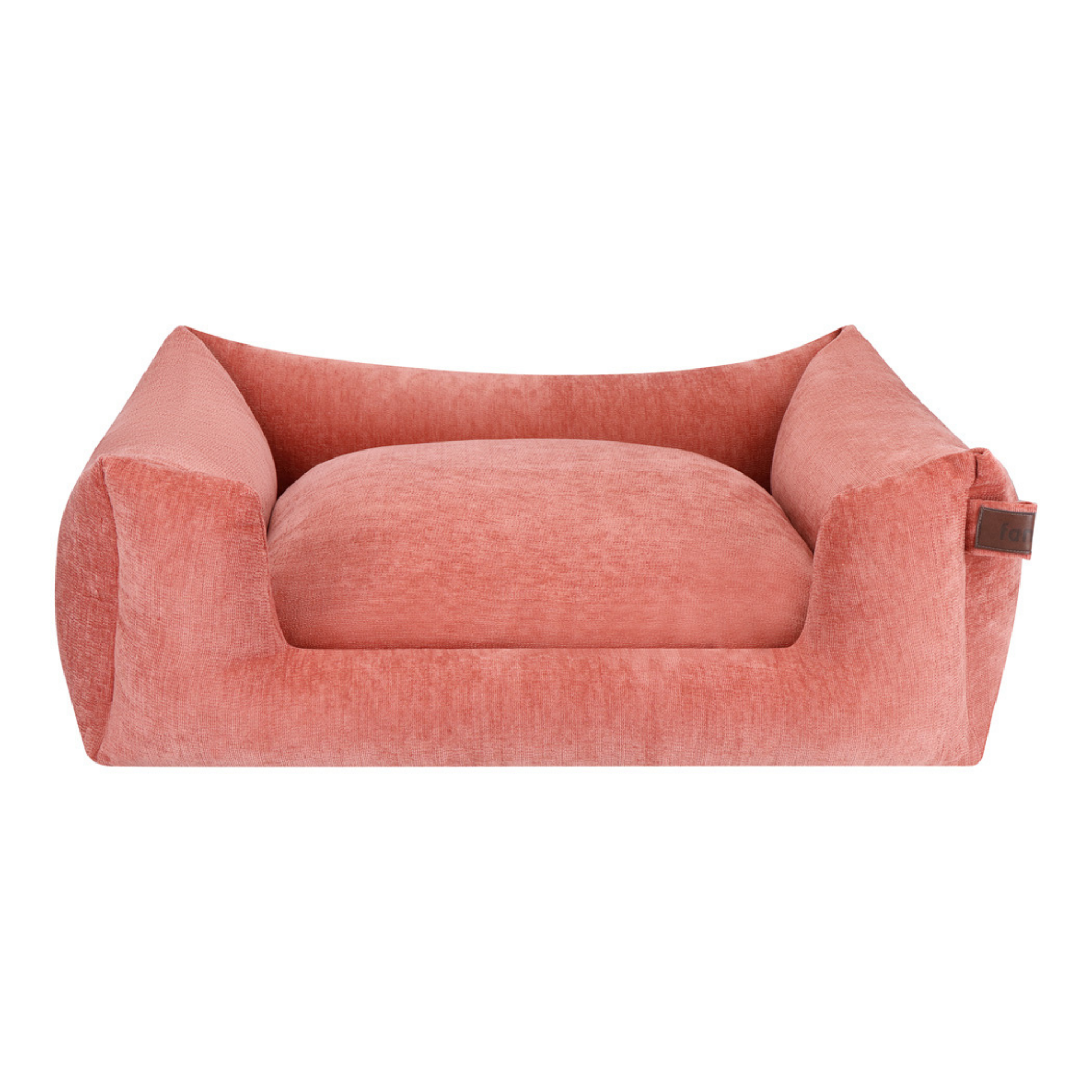 A plush, high-cushioned pet bed in a textured dusty rose or coral pink velvet fabric, shown from a front-facing perspective on a solid white background..