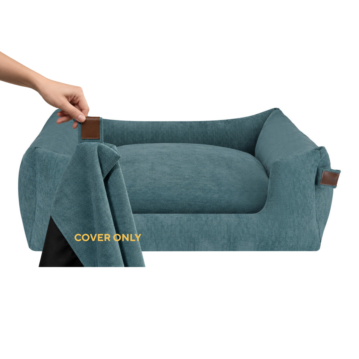 A teal pet bed with a matching fabric cover draped off one side by a human hand, shown on a plain white background. The cover has gold text reading 'COVER ONLY'. 