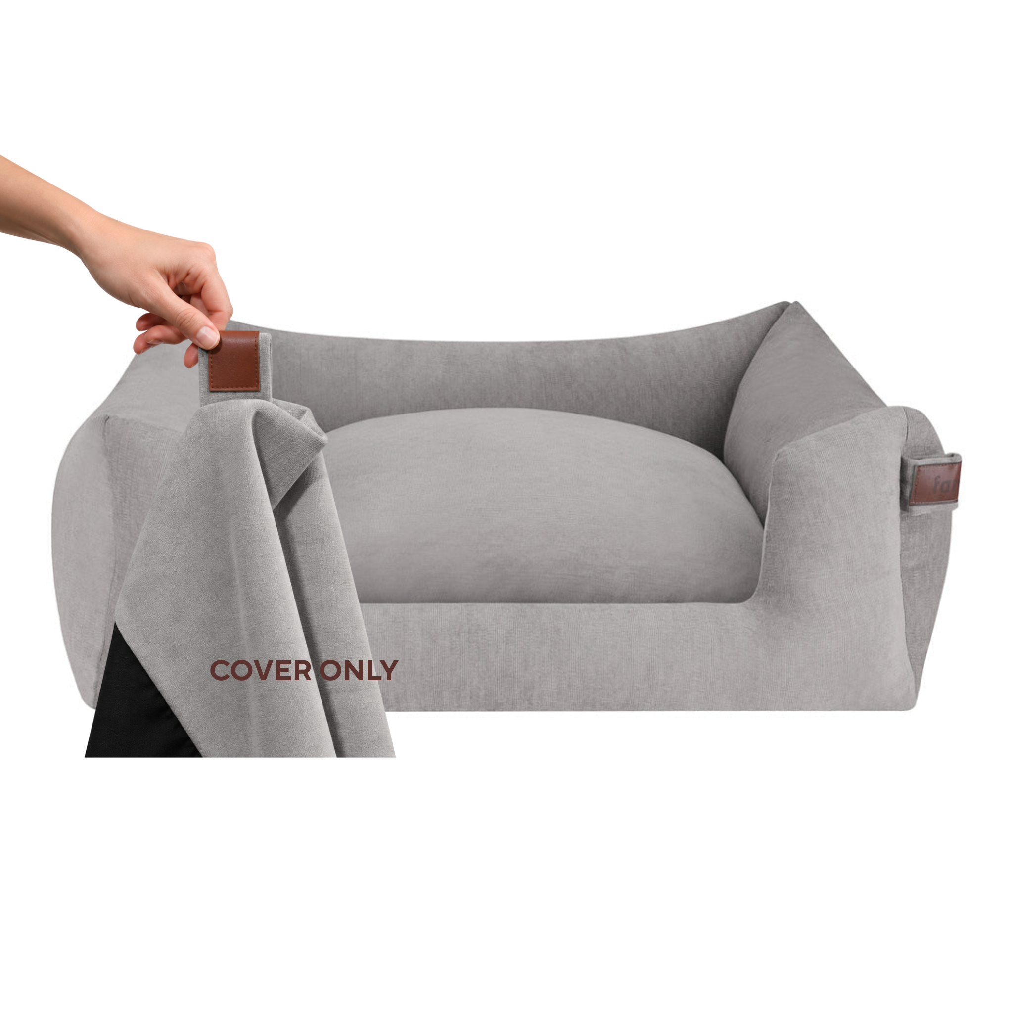 A light gray pet bed with a matching fabric cover being held up by a hand, showing the cover's fit. The bed has brown leather-like accent tabs on the sides and the word 'COVERONLY' is printed on the cover. 