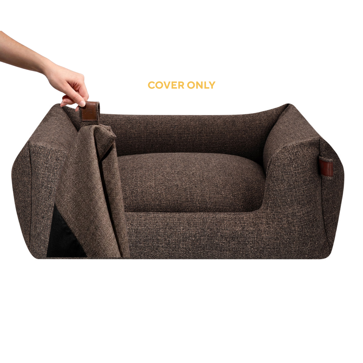 A brown textured pet bed with a raised cushion, armrests and removable cover on a white background, with a hand pulling the cover from left corner. The text 'COVER ONLY' is displayed above.#color_deep-taupe