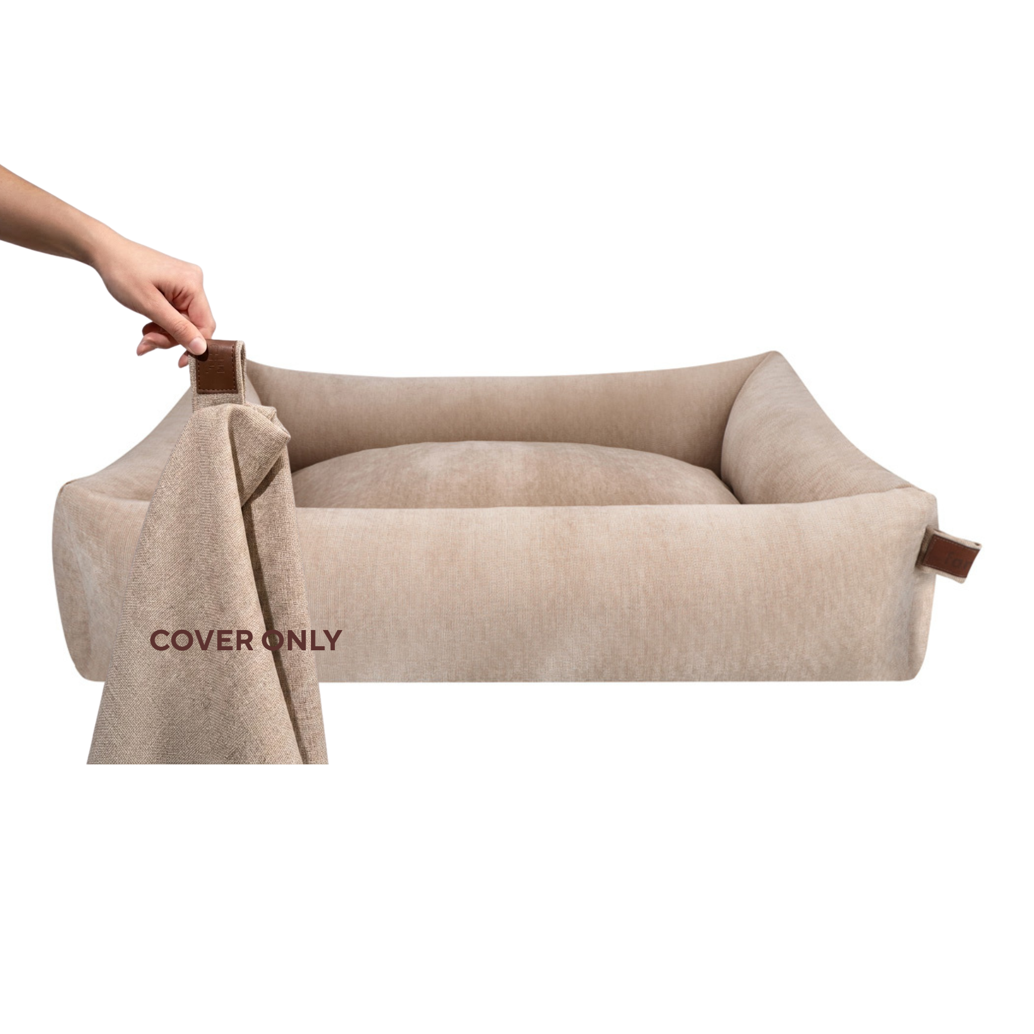 A hand lifting the removable cover off the Snug dog bed in Oat Beige, labelled Cover only 