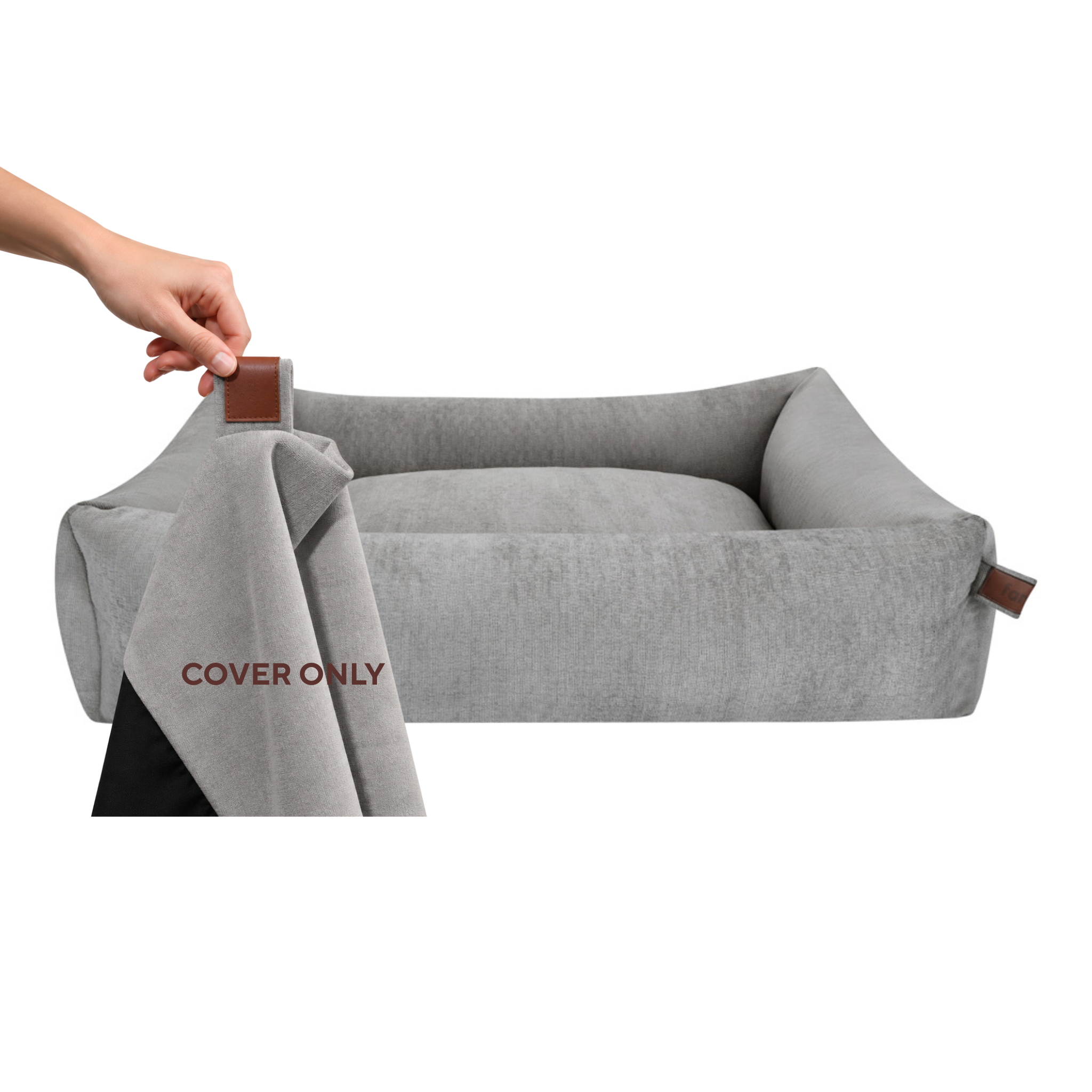 A hand lifting the removable cover off the Snug dog bed in Pearl Grey, labelled Cover only 