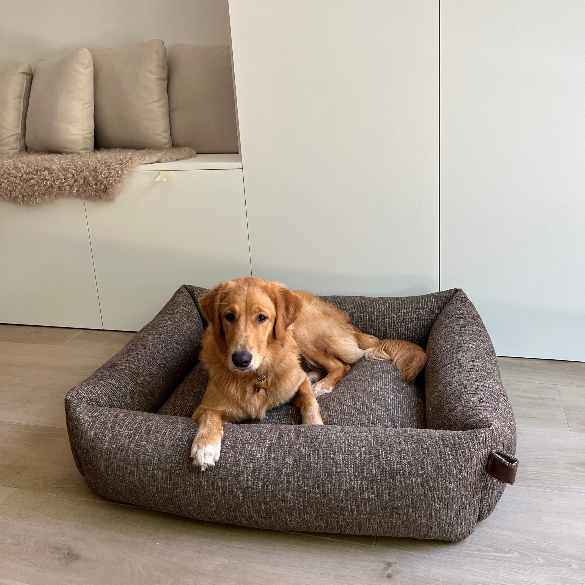 A golden retriever lying in the Espresso Brown Snug dog bed 