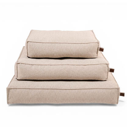 The Stargaze dog mattress in Clay Beige in all three sizes, stacked 