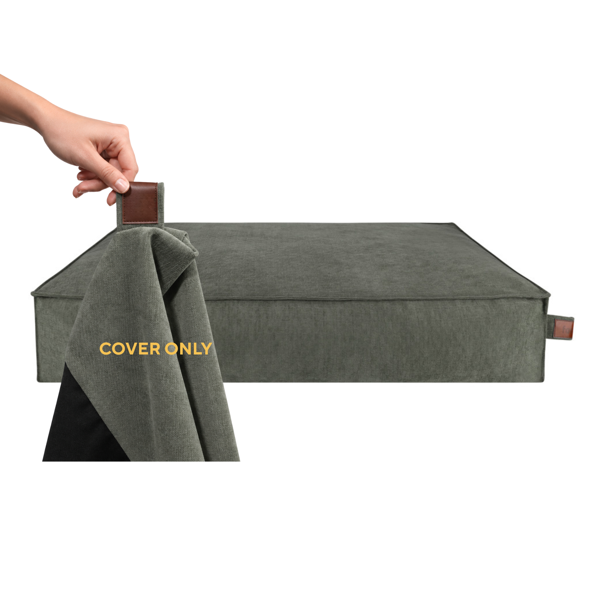 A hand lifting the removable cover off the Stargaze dog mattress in Emerald Green, labelled Cover only 