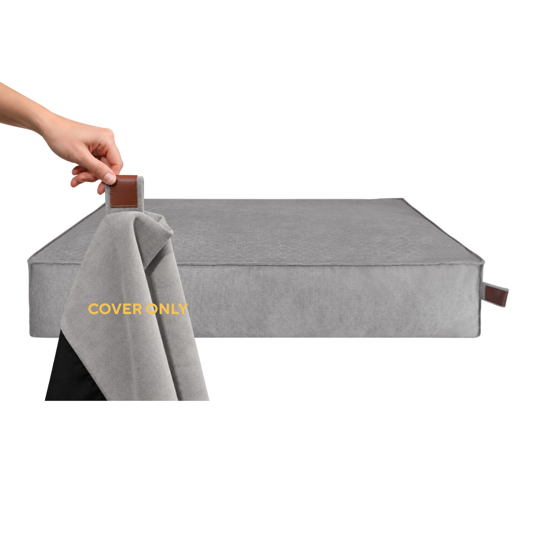 A hand lifting the removable cover off the Stargaze dog mattress in Pearl Grey, labelled Cover only 